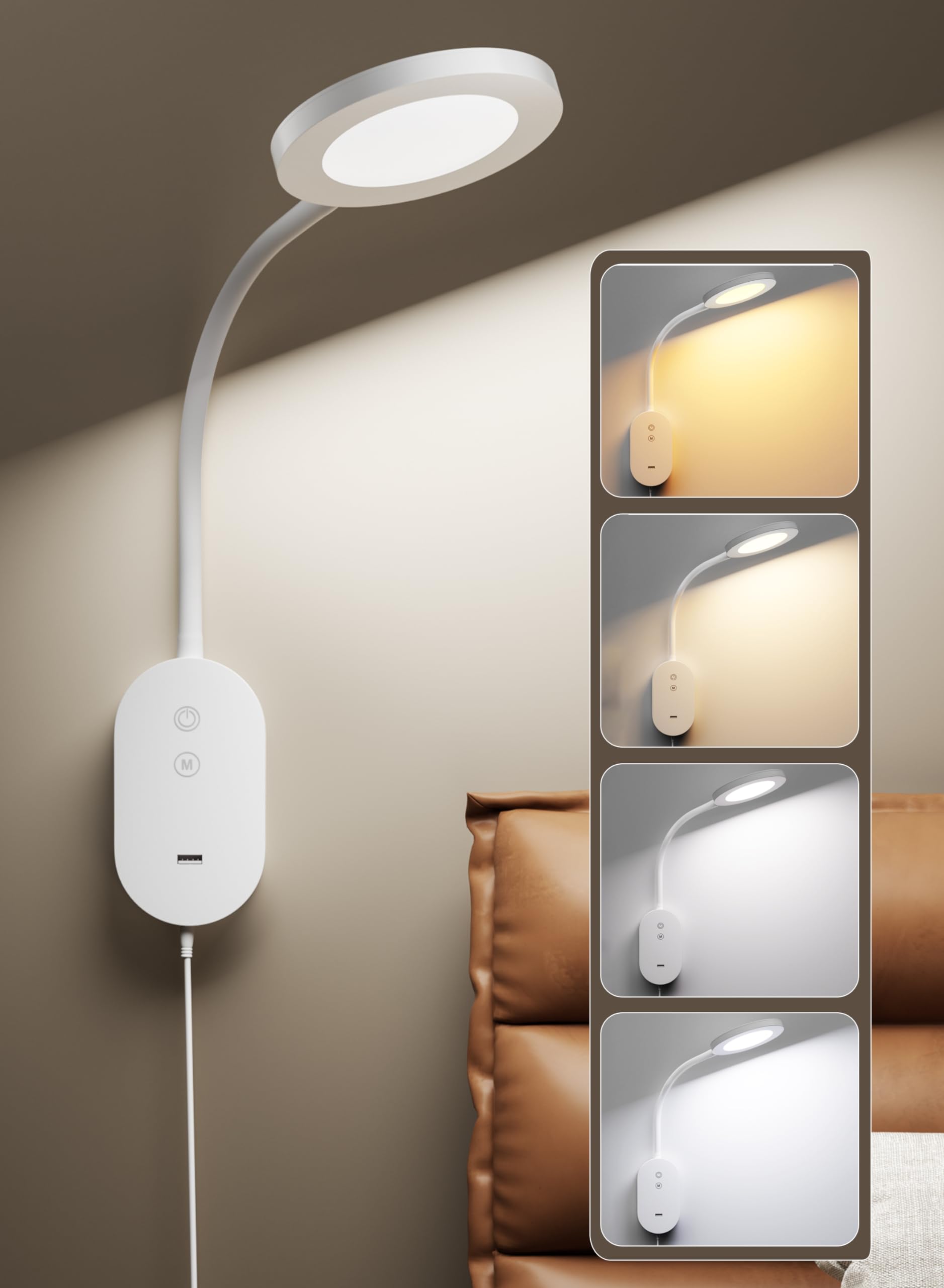 LED Wall Mounted Reading Light for Bed, Book Lights with CRI 95+ for Eye Care, Reading Lamps with 4 Color Modes 5 Dimmable, 10W 