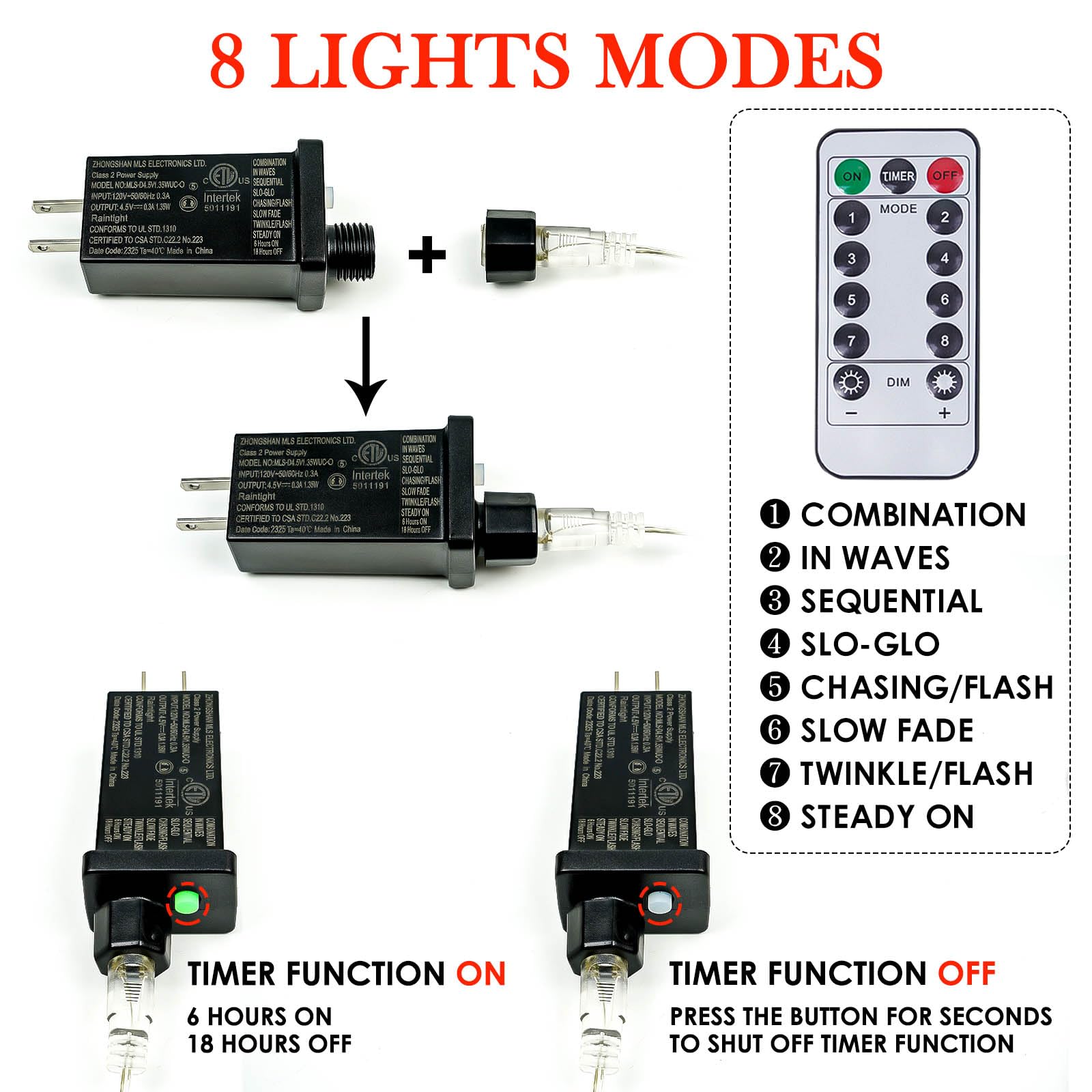 BHCLIGHT 200LED Christmas Fairy Lights, Cool White & Multicolor, Waterproof, Remote, 8 Modes, Model MLS-D4.5V1.35WUC-O, 66Ft