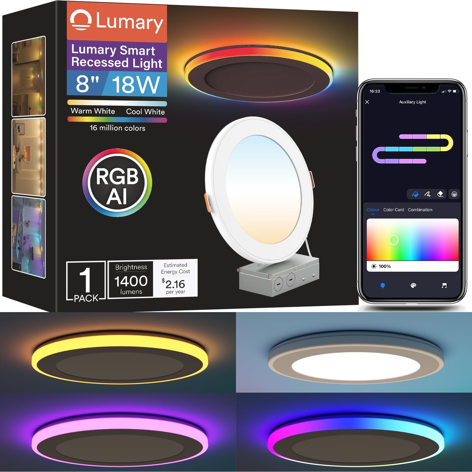 Lumary RGBAI Smart Recessed Lighting 8 Inch with Gradient Accent Light and Night Ring, 18W 1400LM Smart Can-Killer Downlight, Co