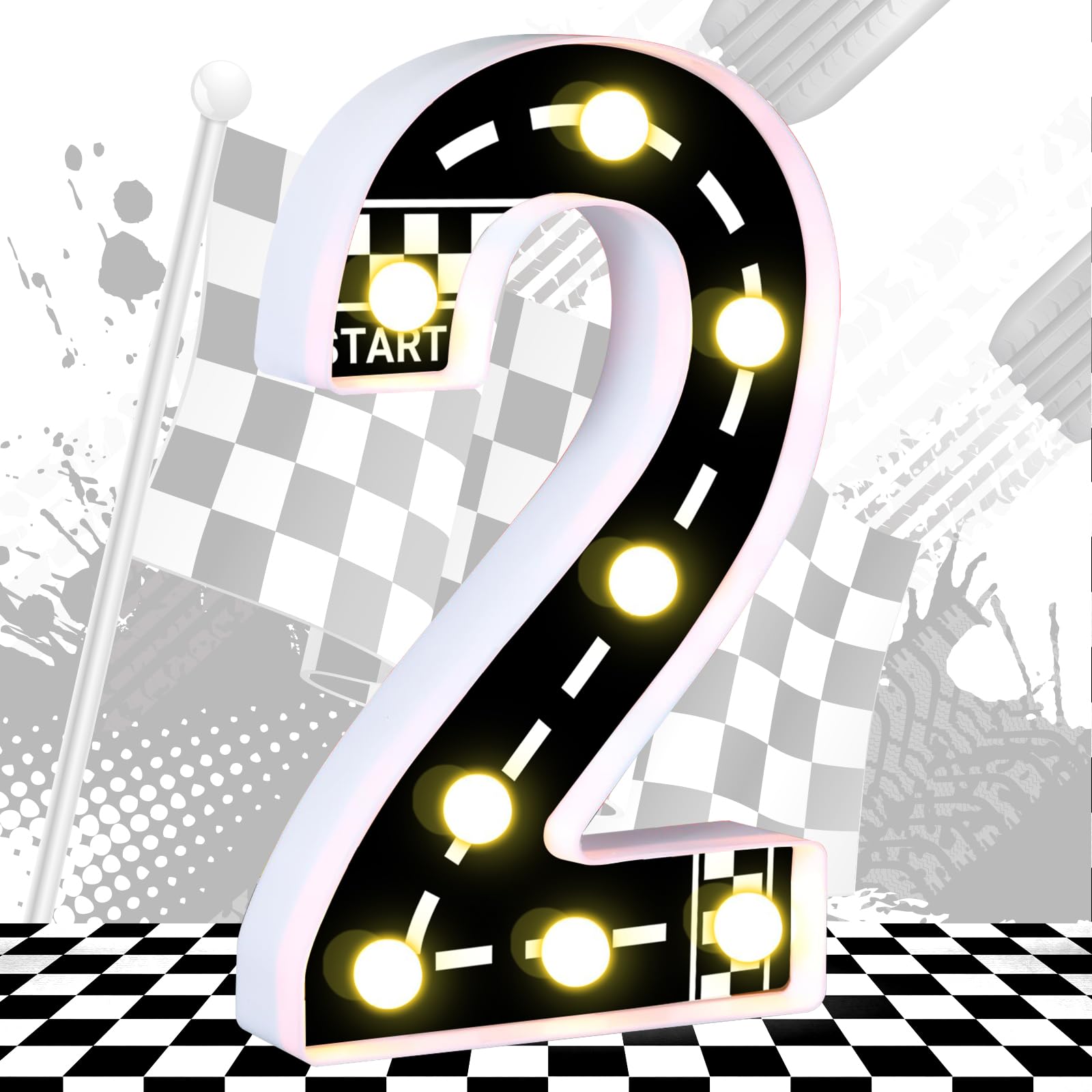 AXBMM Racing Car Birthday Light Up Sign, Number 2, Checkered Decor, Polypropylene, White/Black, Model XY-299