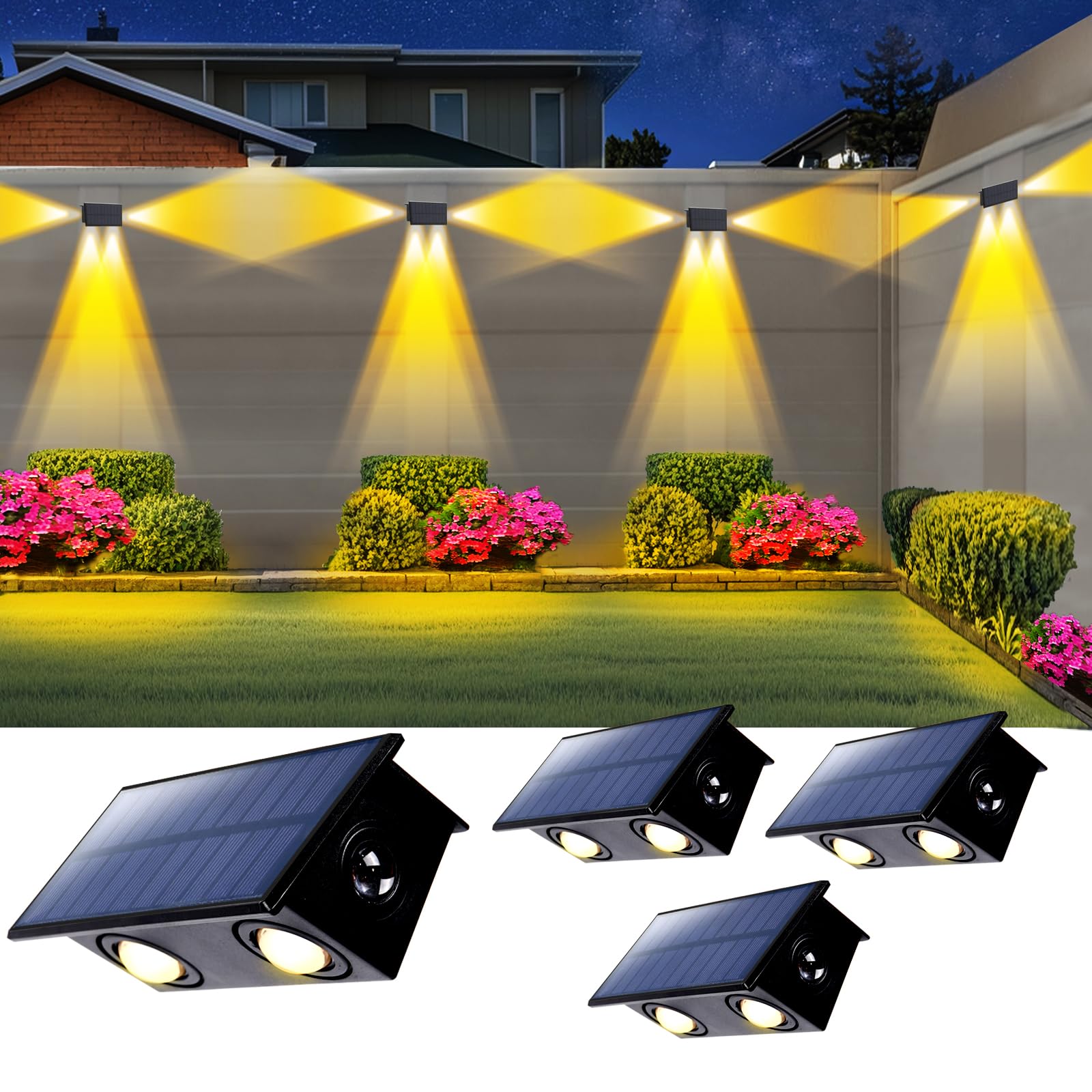 POLIGHTY 4 Pack 3-Side Solar Fence Lights Outdoor Waterproof with Warm White LED Spot Lens  for Wall  Deck  Patio  Yard  Rail  Garage  Pool  Designed for Enhanced Security  Easy Install