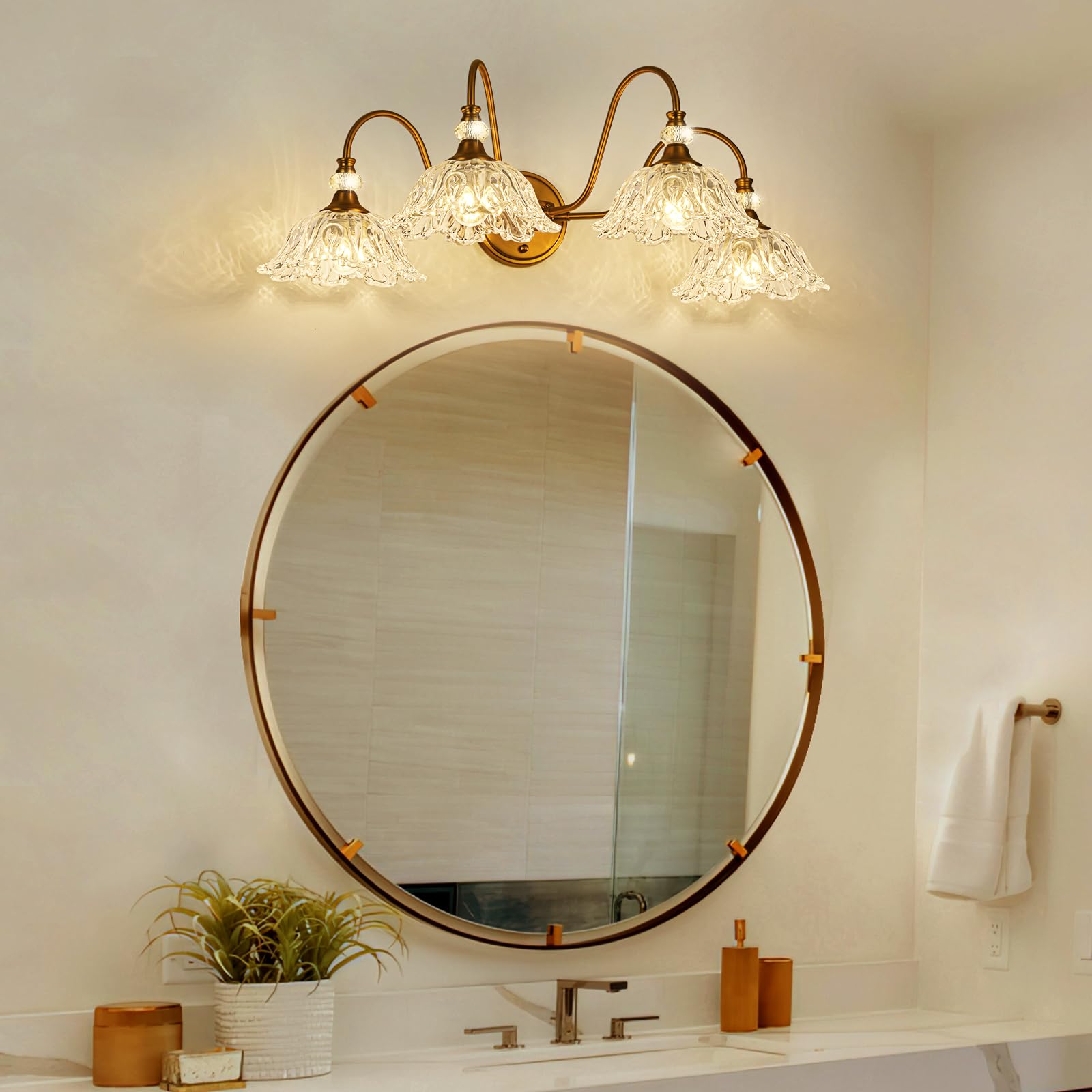 sunkryster 4-Light Vintage Bathroom Vanity Light, Matte Brass Finish, Floral Glass Shades, Retro Wall Mount, Model Sun-104AB-Brass-4