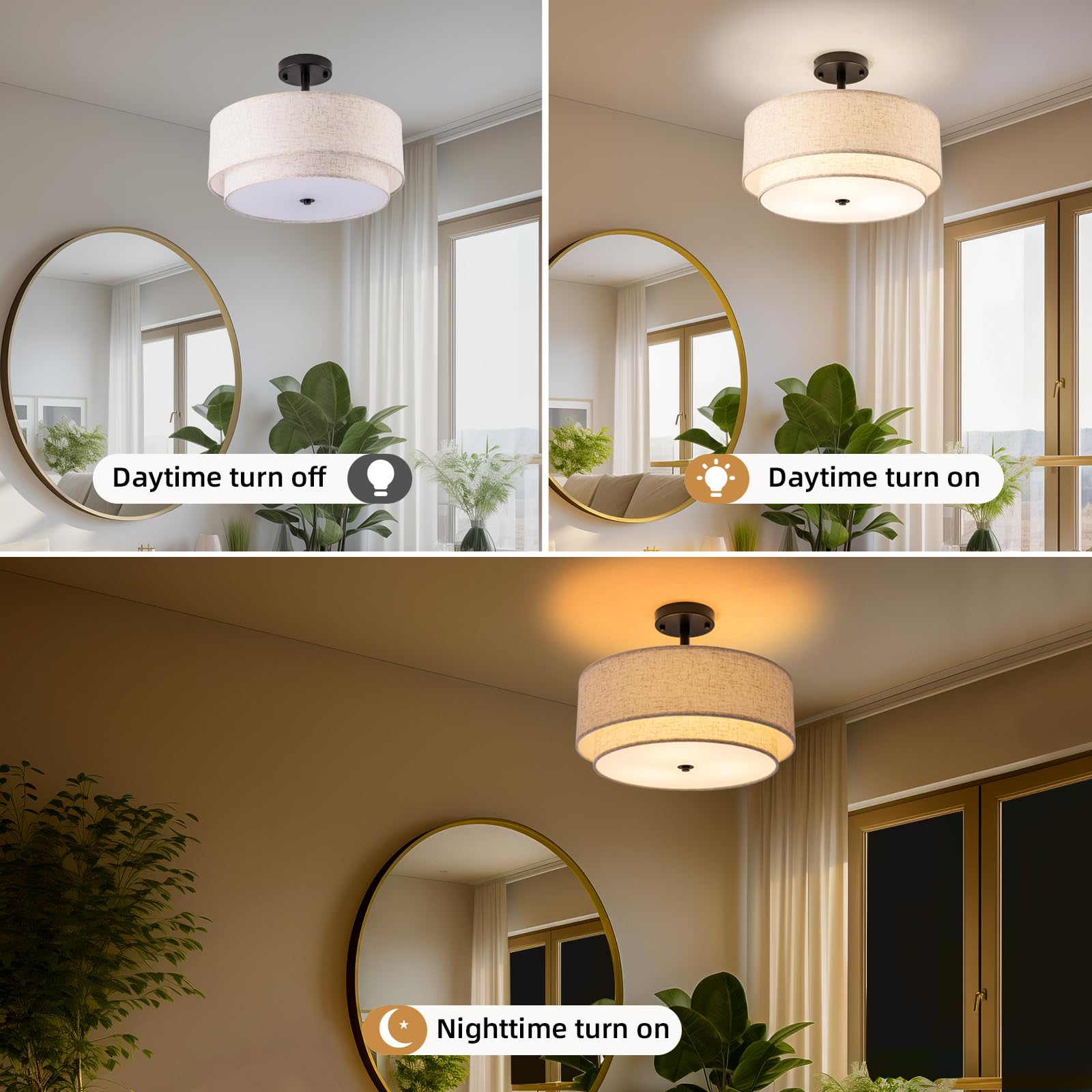 Aufrichting Drum Semi Flush Mount Ceiling Light, 16 Inch 3 Lights Ceiling Light Fixture With 2-Layer Fabric Shade, Black Farmhou