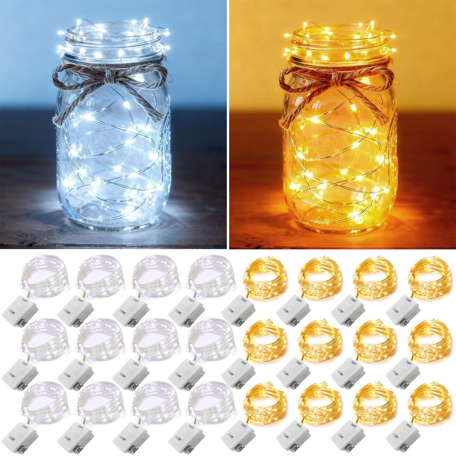 24 Pack Fairy Lights Battery Operated [3 Modes] 7ft 20 LED Mini Twinkle String Lights Waterproof Silver Wire Firefly Starry Lights for Wedding Party Mason Jars Christmas Decor  Warm White & Cool White