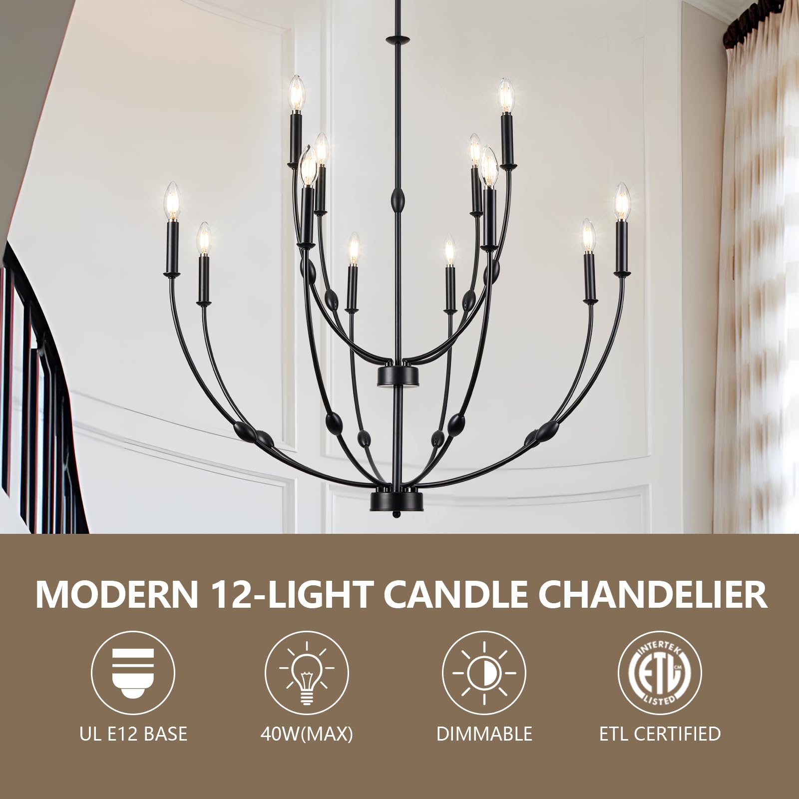 Acaner 12-Light Black Large Chandeliers For High Ceilings, 35 Inch Industrial Candle Style Rustic Pendant Light Fixture For Entr