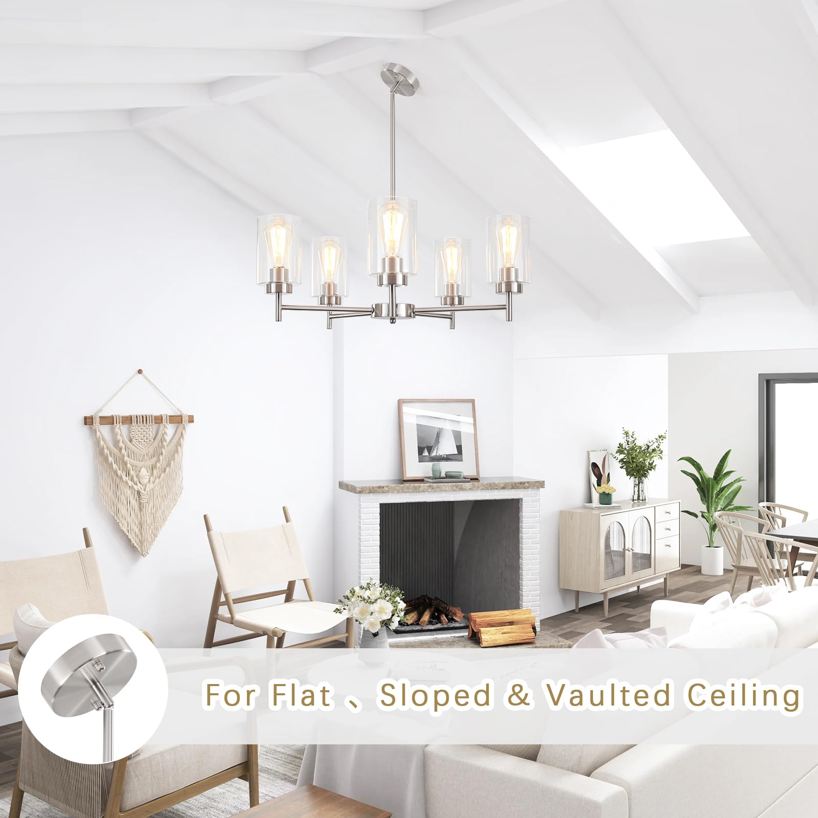 Brushed Nickel Chandelier Dining Room Light Fixture Over Table 5 Lights 24" Farmhouse Chandelier With Glass Shade Hanging Pendant Light Modern Chandeliers For Living Room Entryway Kitchen Foyer