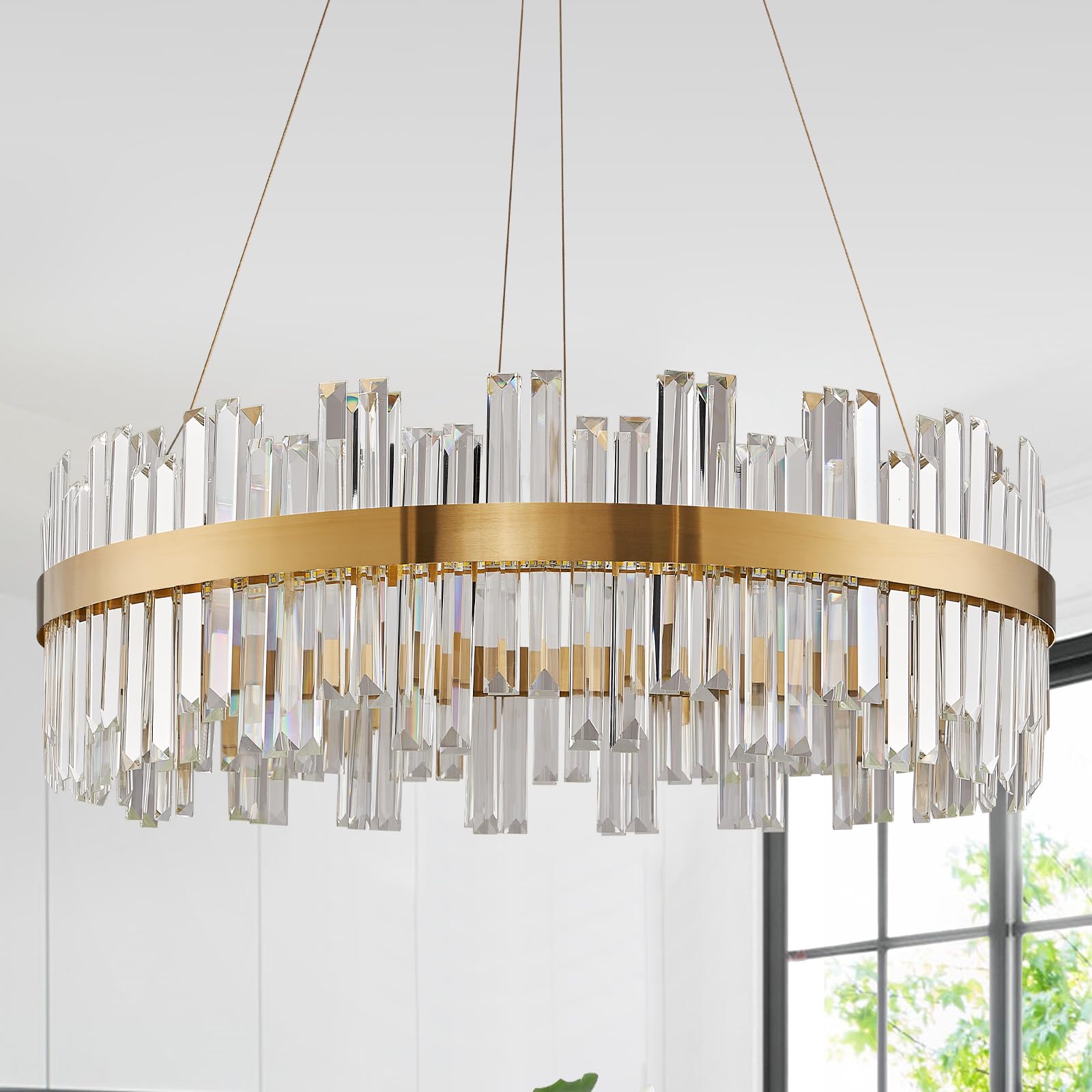 ALIYIQI 23.6" Dimmable LED Crystal Chandelier, Gold Pendant Light with Remote, Modern Fixture for Dining Room, Kitchen, Entryway