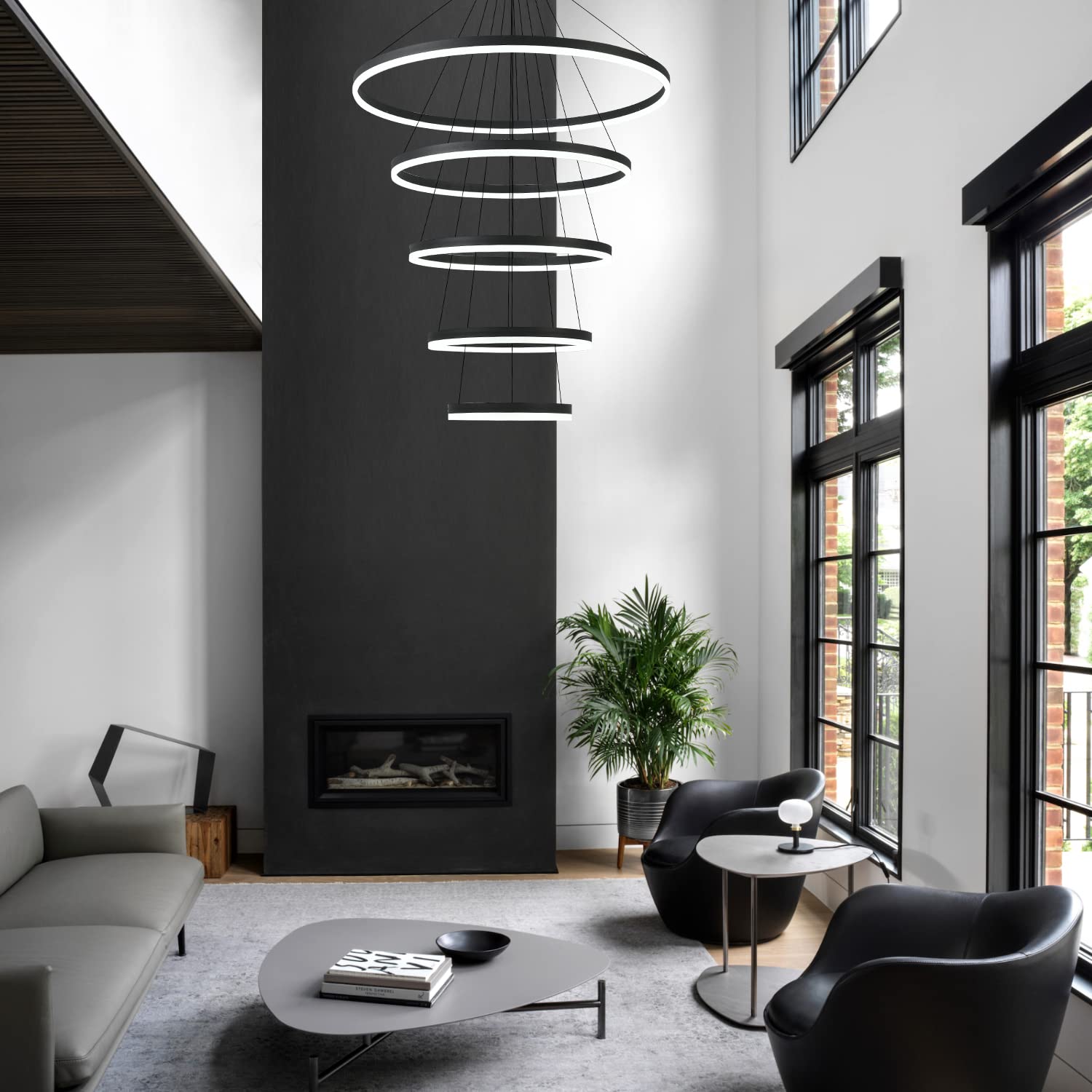 XGZL · LIGHTING Modern LED Chandelier, 5-Rings, Dimmable, Black, 31.5”, Remote Control, Ideal for Dining Room, Foyer, Living Room