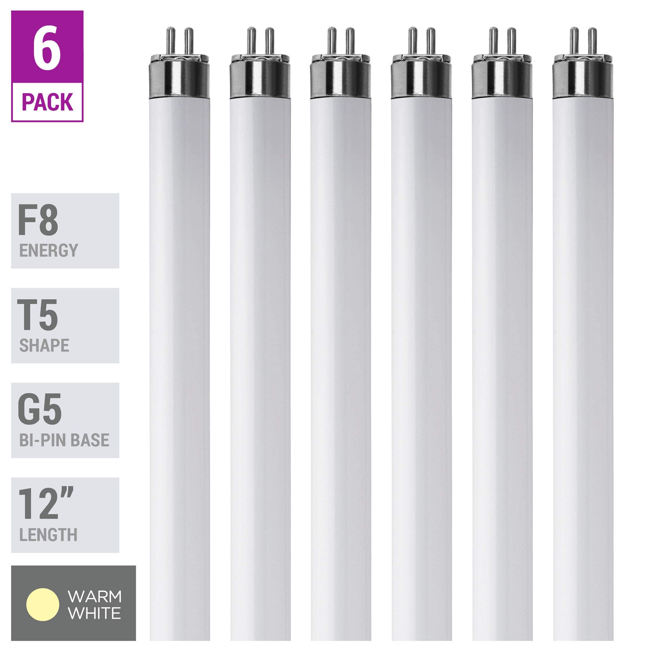 KOR T5 Fluorescent Light Bulbs 8W 12in 3000K Warm White Pack of 6 Model K25710 Copper
