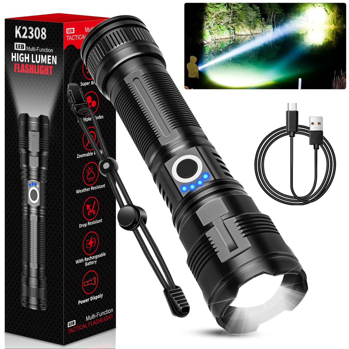 Rechargeable Tactical Flashlights High Lumens,100,000 Lumens Super Bright LED Flashlight,Powerful Flash Light with 5 Modes,Water