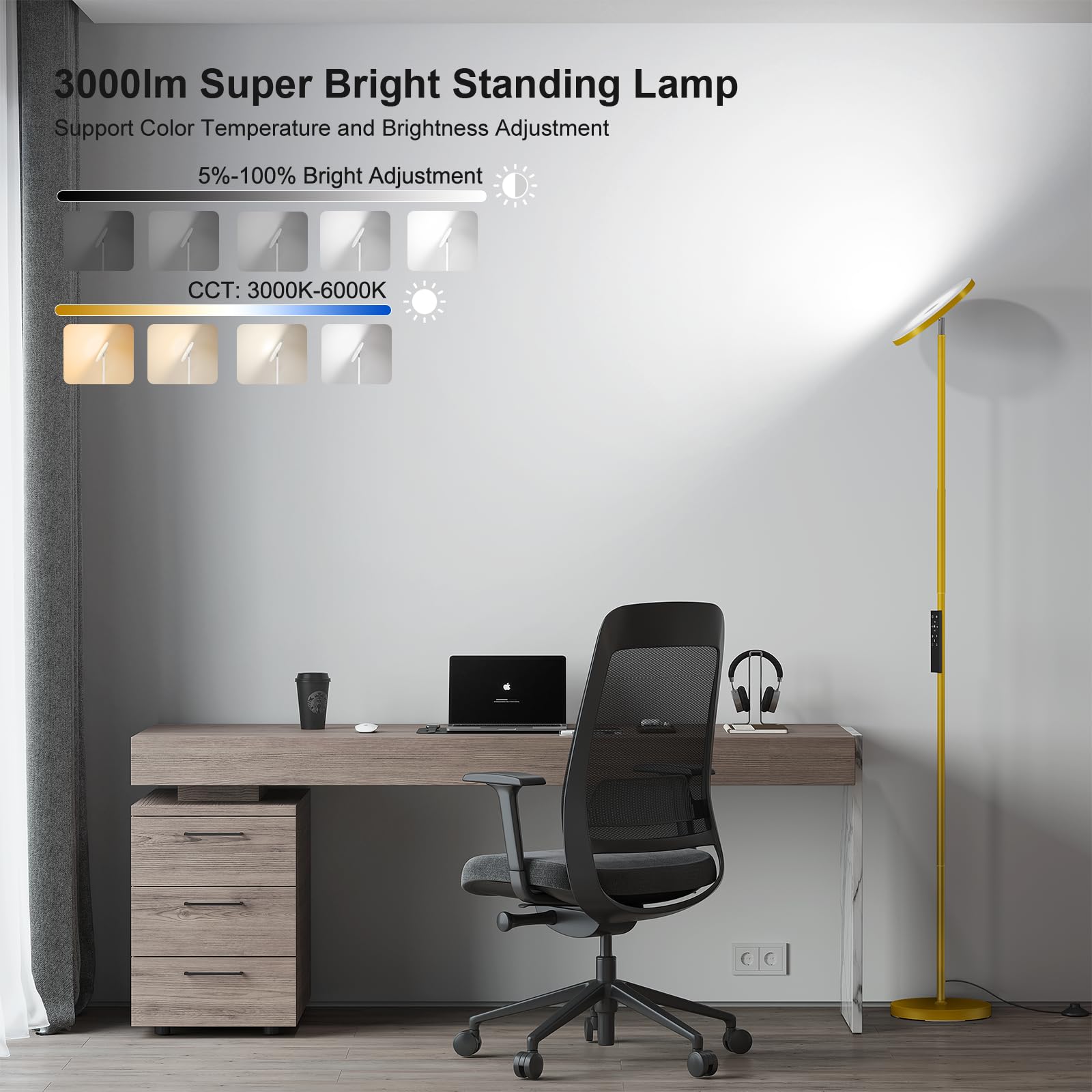 SUNMORY LED Floor Lamp, 32W Super Bright, Remote Control, 69in Tall, Gold, Model FLD-032-XR