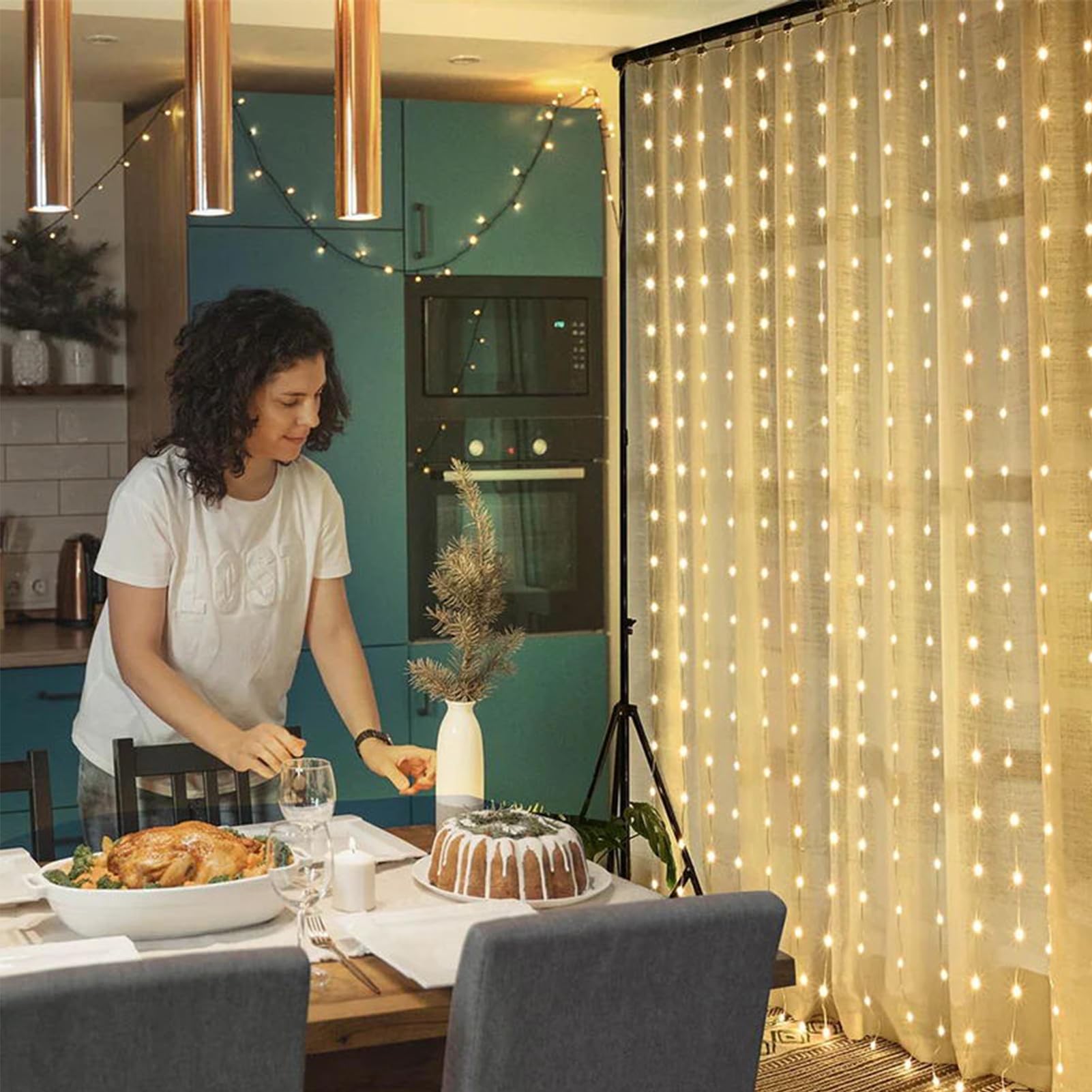 Echosari Smart Curtain Lights 5050 Rgb Built In Chip, 300 Led 16 Million Colors Diy Curtain Lights With Remote/App Rainbow Curta