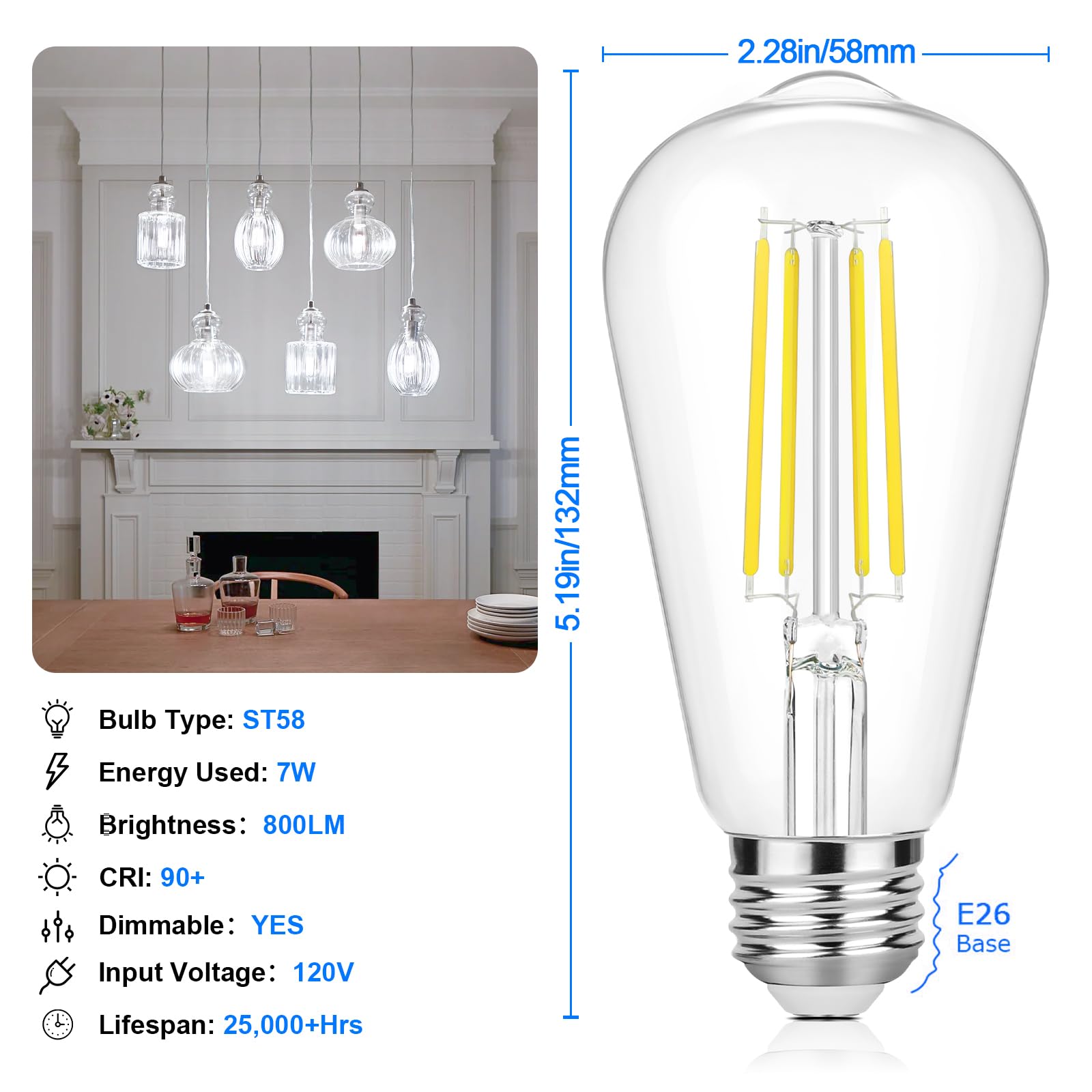 Vintage Led Edison Bulbs 60 Watt Equivalent Dimmable 7W St58 Led Filament Light Bulbs Daylight White 5000K Antique Style Lightin
