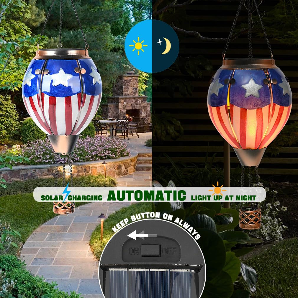 Hot Air Balloon Solar Lantern - U.S Flag Patriotic Glass Lantern  Simulated Flickering & Dancing Flame  Outdoor Hanging Yard Light Waterproof Ip65  Ideal 4Th Of July Gift For Patriot Patio Decor