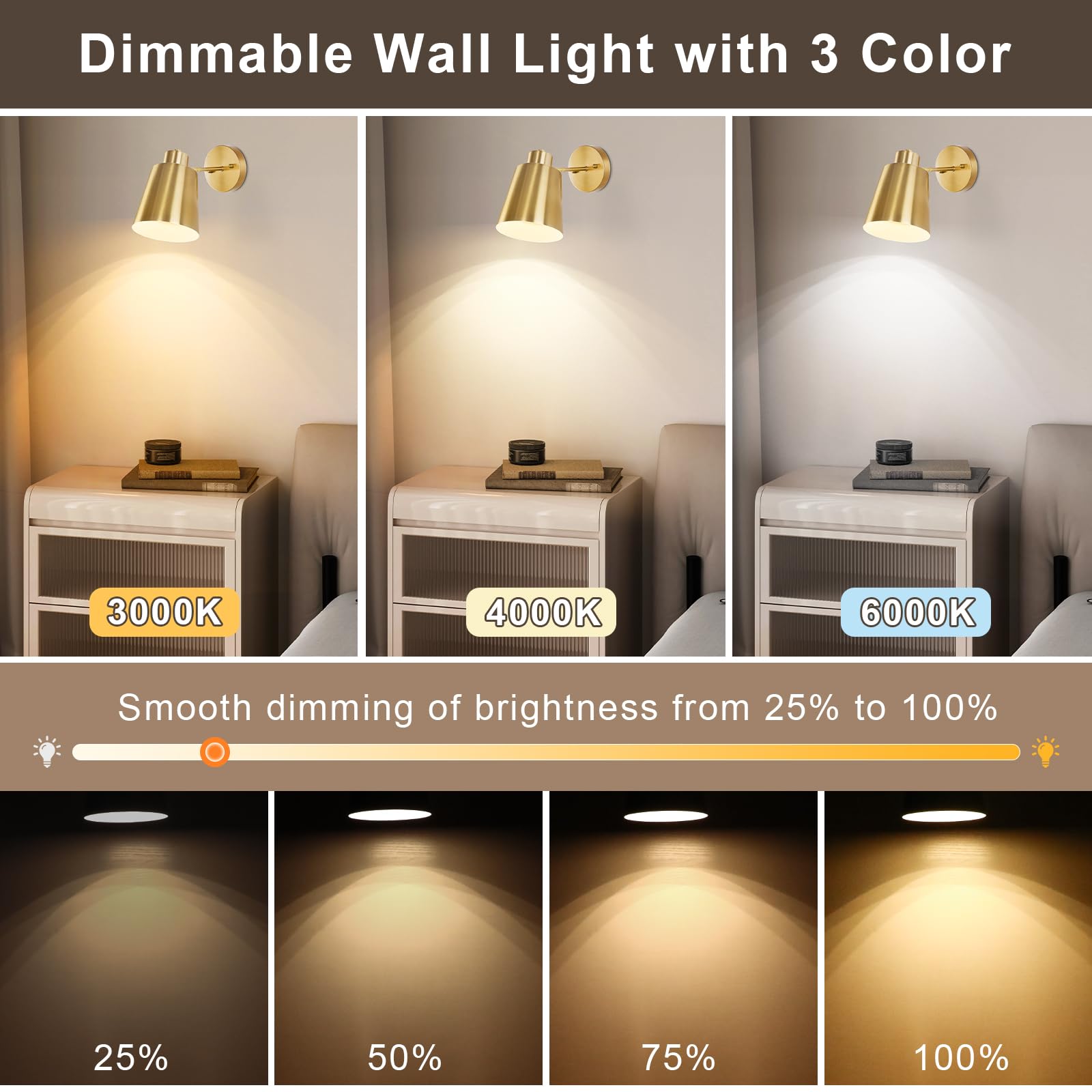Battery Operated Wall Sconces Set Of 2, Dimmable Led Wall Lights With Remote Control, Indoor Sconce Wall Lighting 3000K/4000K/6000K Adjustable Gold Wall Mounted Lamps For Bedroom Living Room Hallway