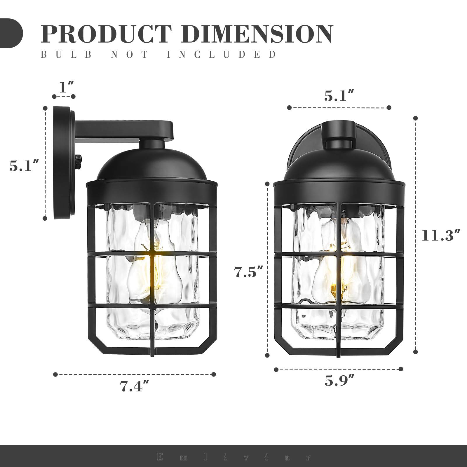 Emliviar 1-Light Porch Wall Lantern With Metal Cage  Outdoor Sconce Wall Mounted Lighting With Water Ripple Glass  Matte Black Finish  Ge255Bl Bk-Wg