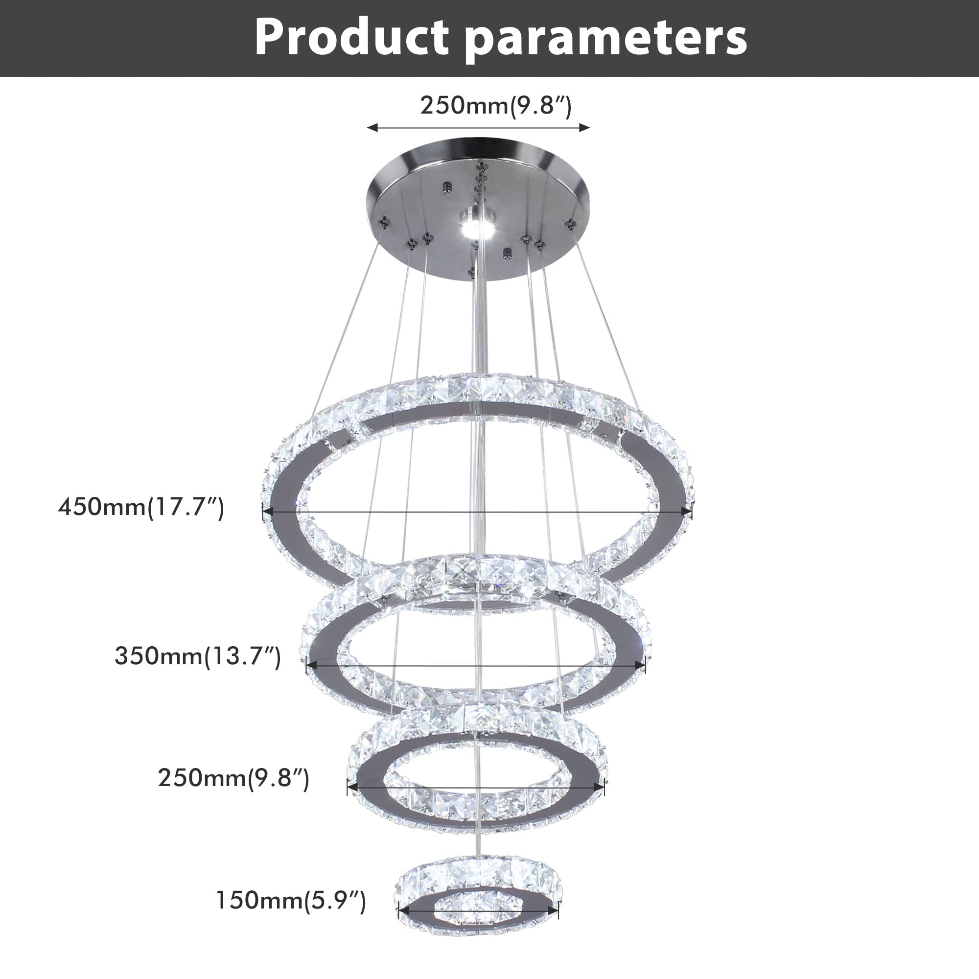 diisunbihuo Crystal LED Pendant Light Fixture - Adjustable Stainless Steel, 15/25/35/45 Size, Cool White for Living Room, Dining Room, Bedroom