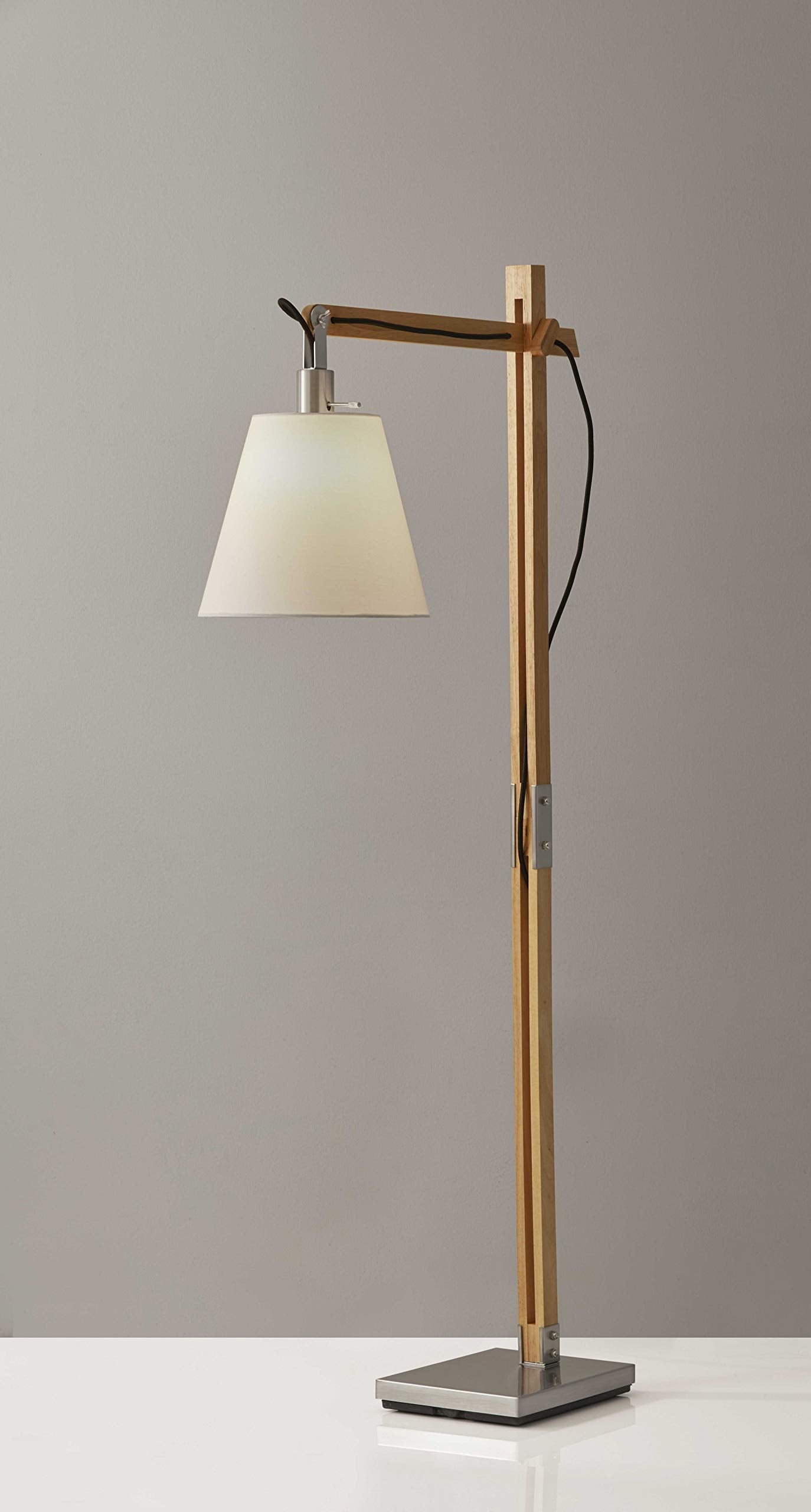 HomeRoots Natural Wood Floor Lamp - Adjustable Hinged Arm, Wood and Steel, Natural Finish