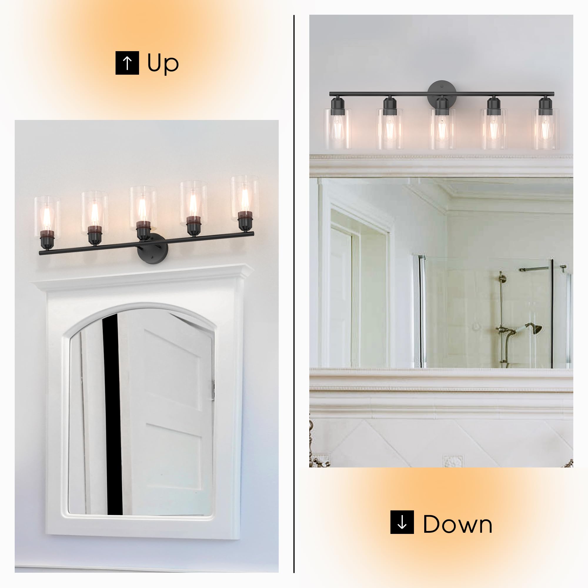 Espird Bathroom Vanity Light Fixture, 5 Lights, Matte Black, Metal, Model L01-5-BK, Modern Wall Sconces with Glass Shades
