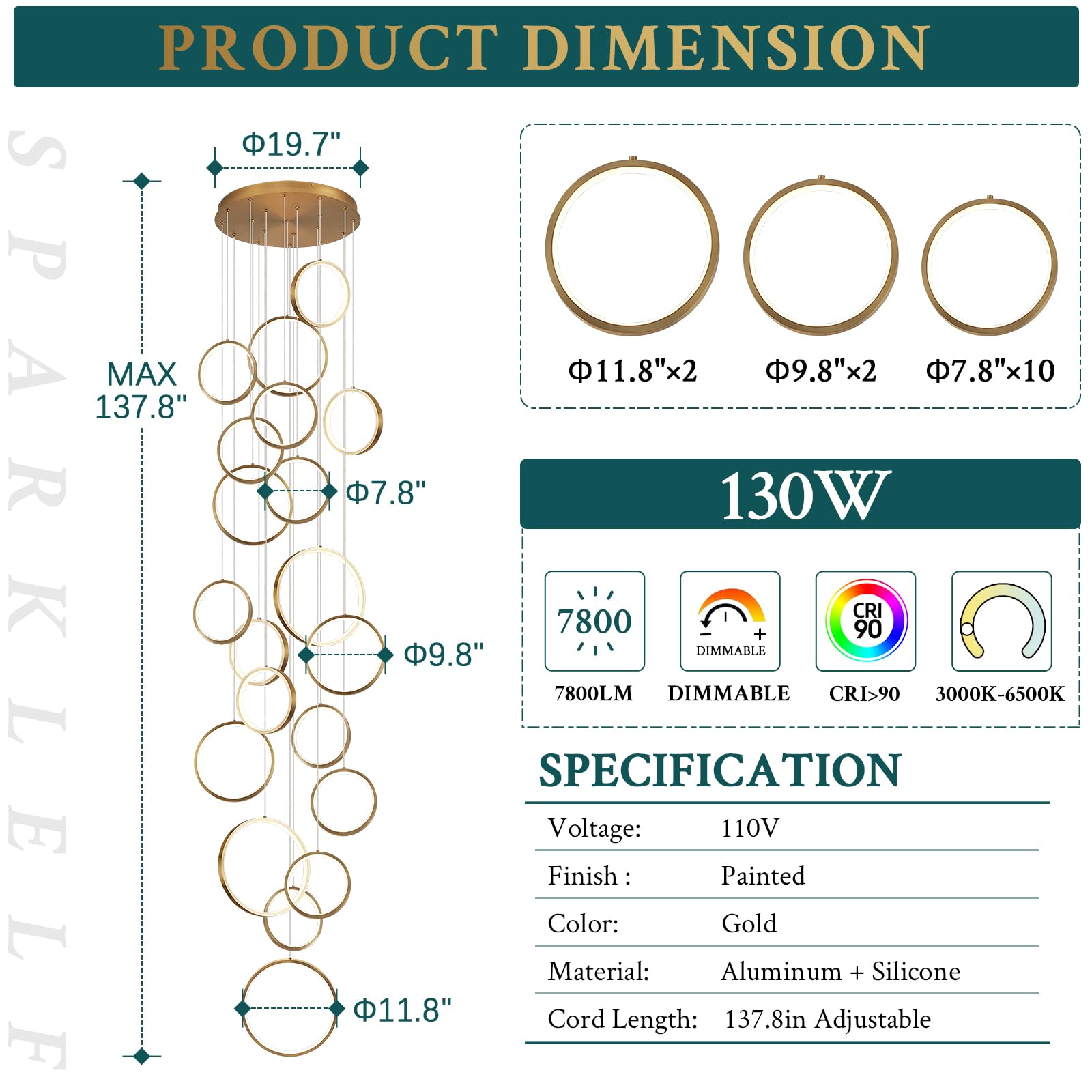 Sparklelf 20-Light Modern LED Chandelier, Dimmable Gold Fixture for High Ceilings, Entryway, Dining, Living Room, 3000-6500K