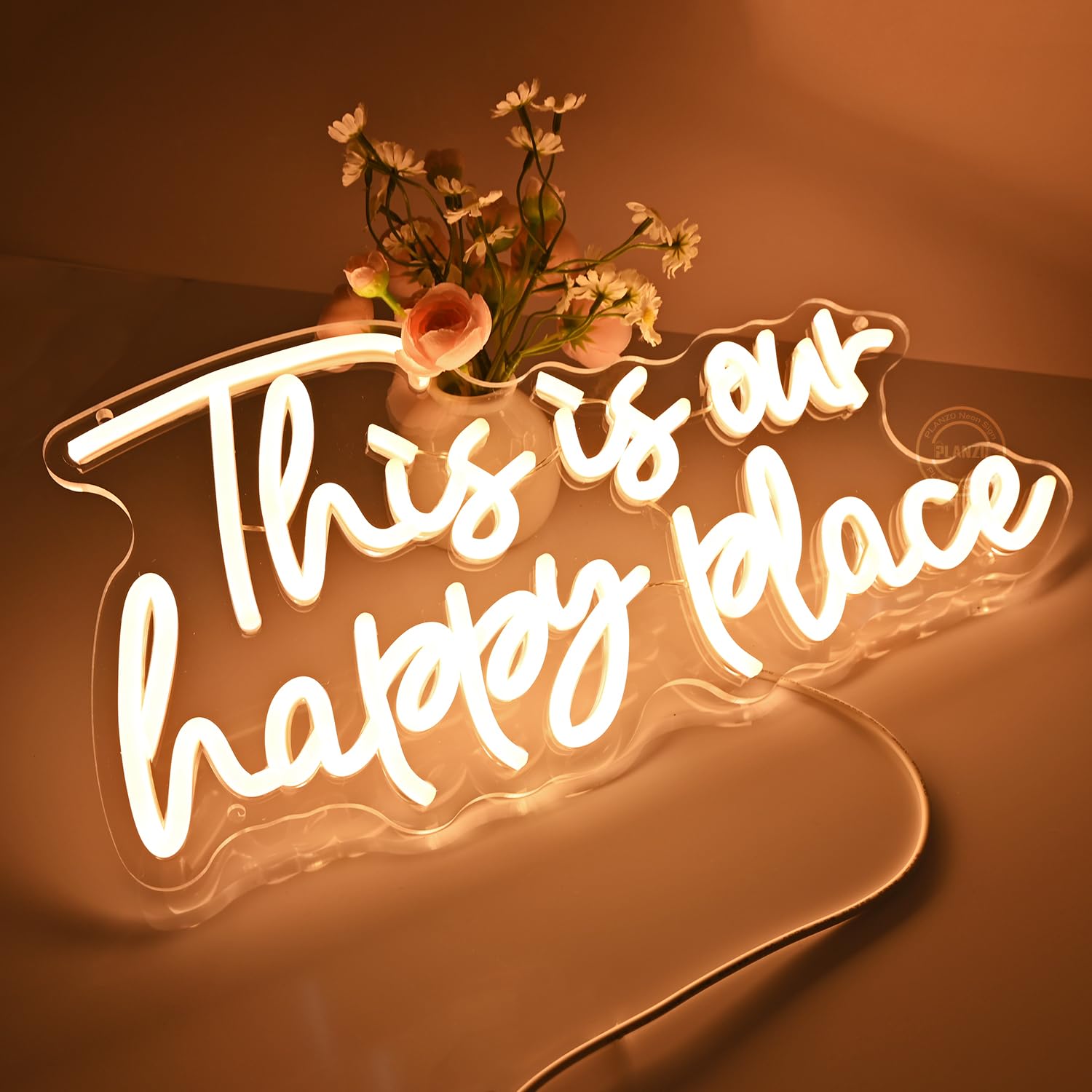 Planzo Neon Sign Light - inThis is Our Happy Placein - Warm White - 16.54in W x 8.07in H - Plastic/Acrylic - Home Wall Art Decor