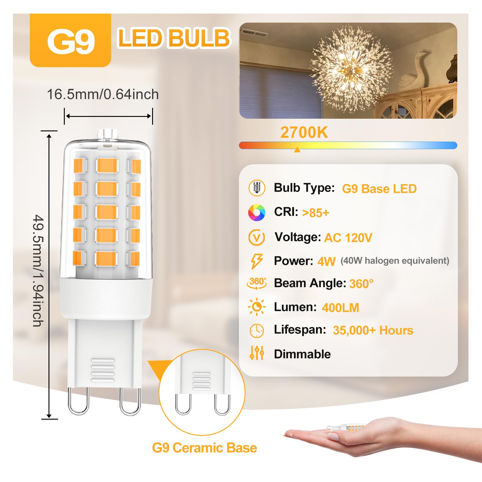 G9 Led Bulb Dimmable, Warm White 2700K, 4W G9 Light Bulbs, 40W T4 Halogen Equivalent, Bi Pin Base G9 Chandelier Lighting, No-Fli