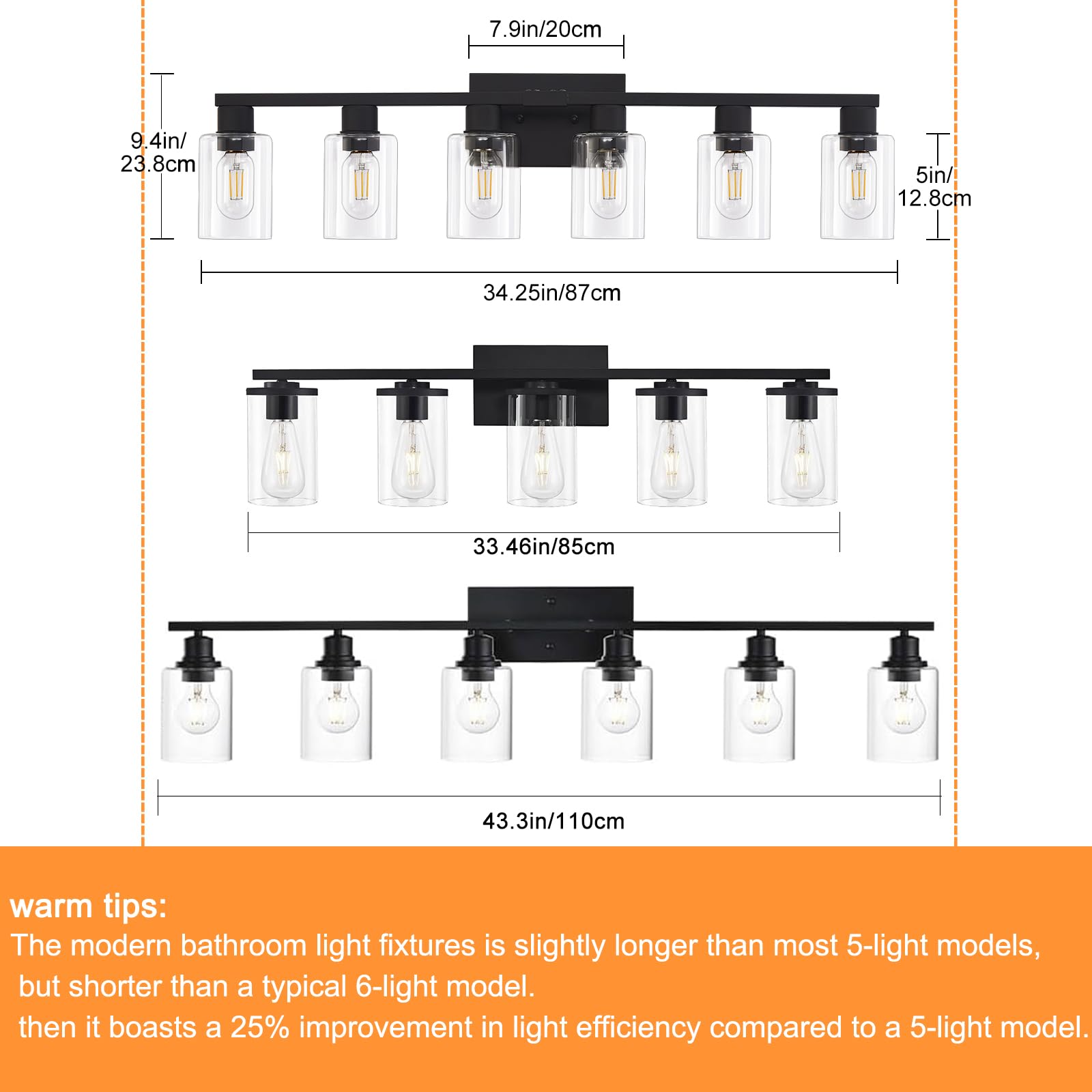 Black Bathroom Light Fixtures, Large 6-Light Bathroom Vanity Light, Vanity Lights For Bathroom With Clear Glass Shade, 34In Farm