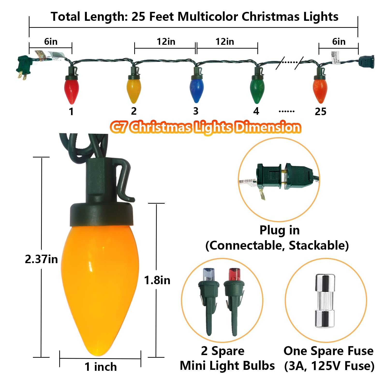 Fonusty 25Ft C7 Led Christmas Lights - 25 Multicolor Shatterproof Bulbs, Waterproof For Outdoor Decor