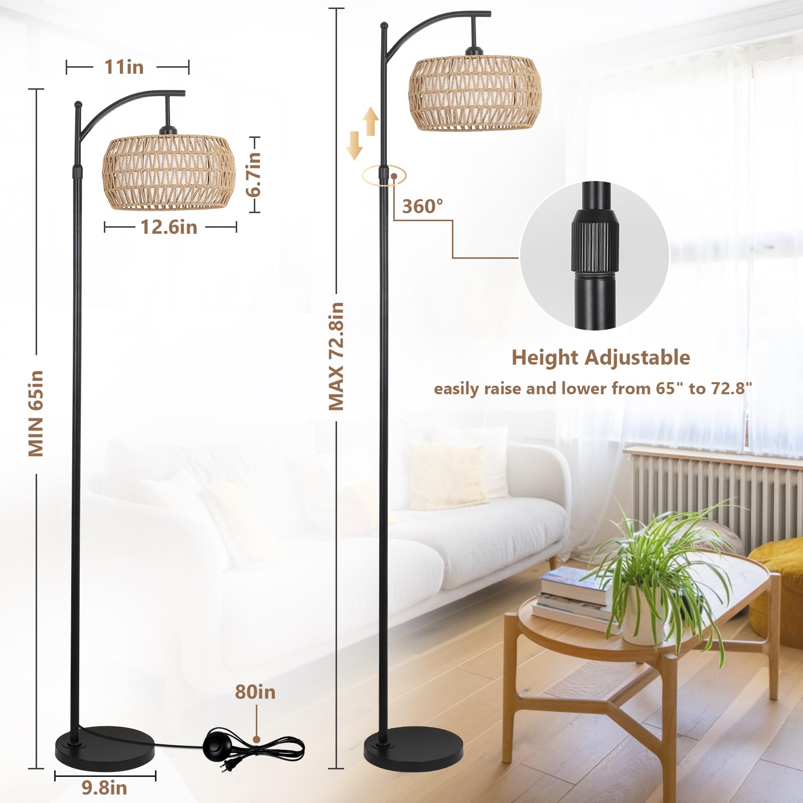 Arc Floor Lamp With Remote Control, Dimmable Led Floor Lamp With 3 Color Temperature, Black Standing Lamp With Rattan & Fabric D