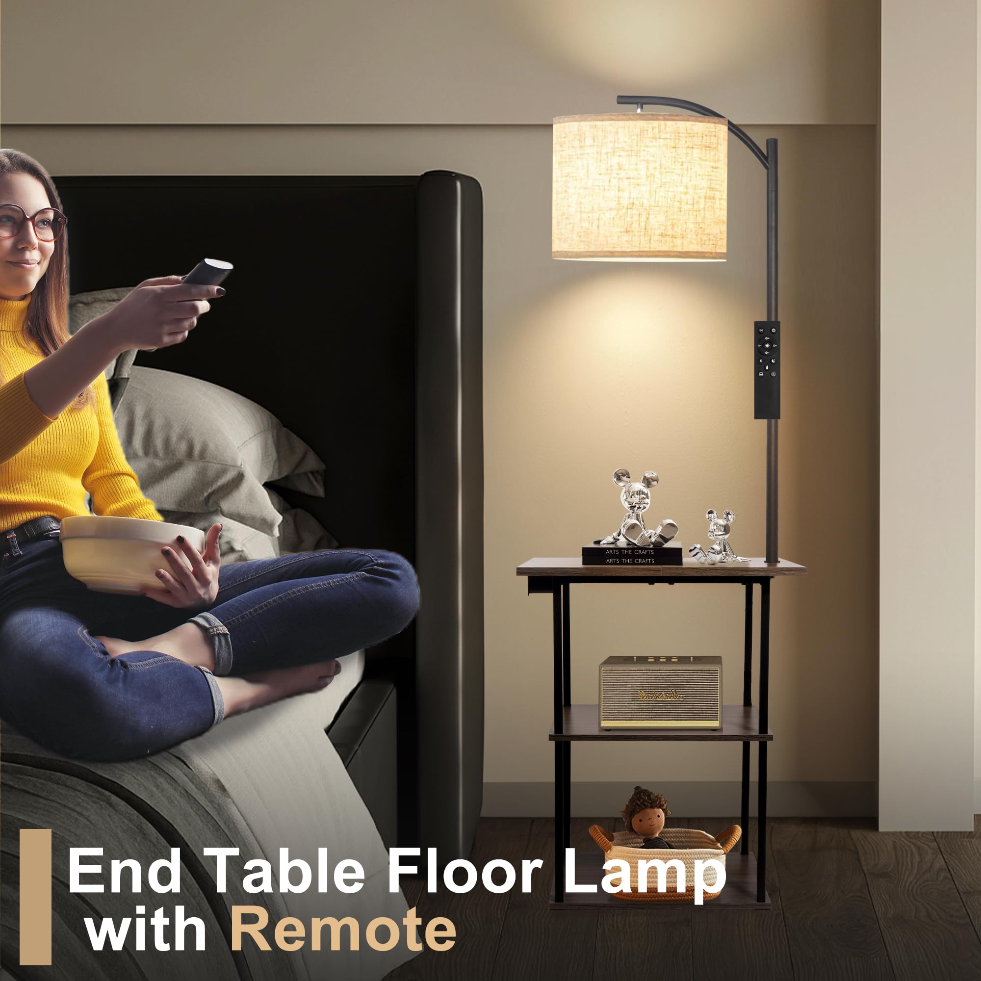 PESRAE Floor Lamp with Remote, Adjustable 3000K-6000K, Rustic Brown, PFL-009, Linen Fabric Shade, Charging Station for Bedroom & Living Room