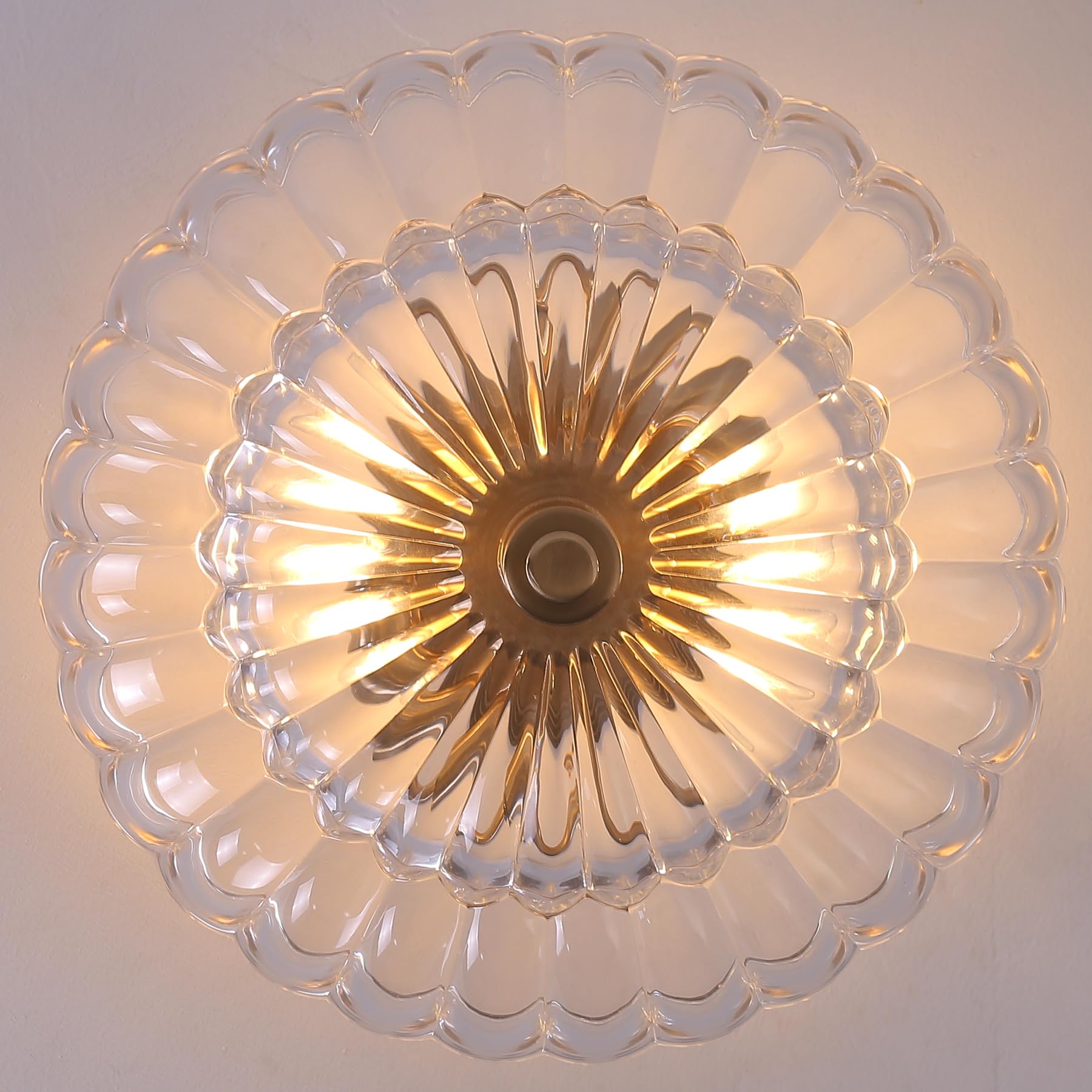 Semi Flush Mount Ceiling Light, Scalloped Clear Glass Close To Ceiling Light Fixtures With 2 Lights, Gold Vintage Light Fixtures
