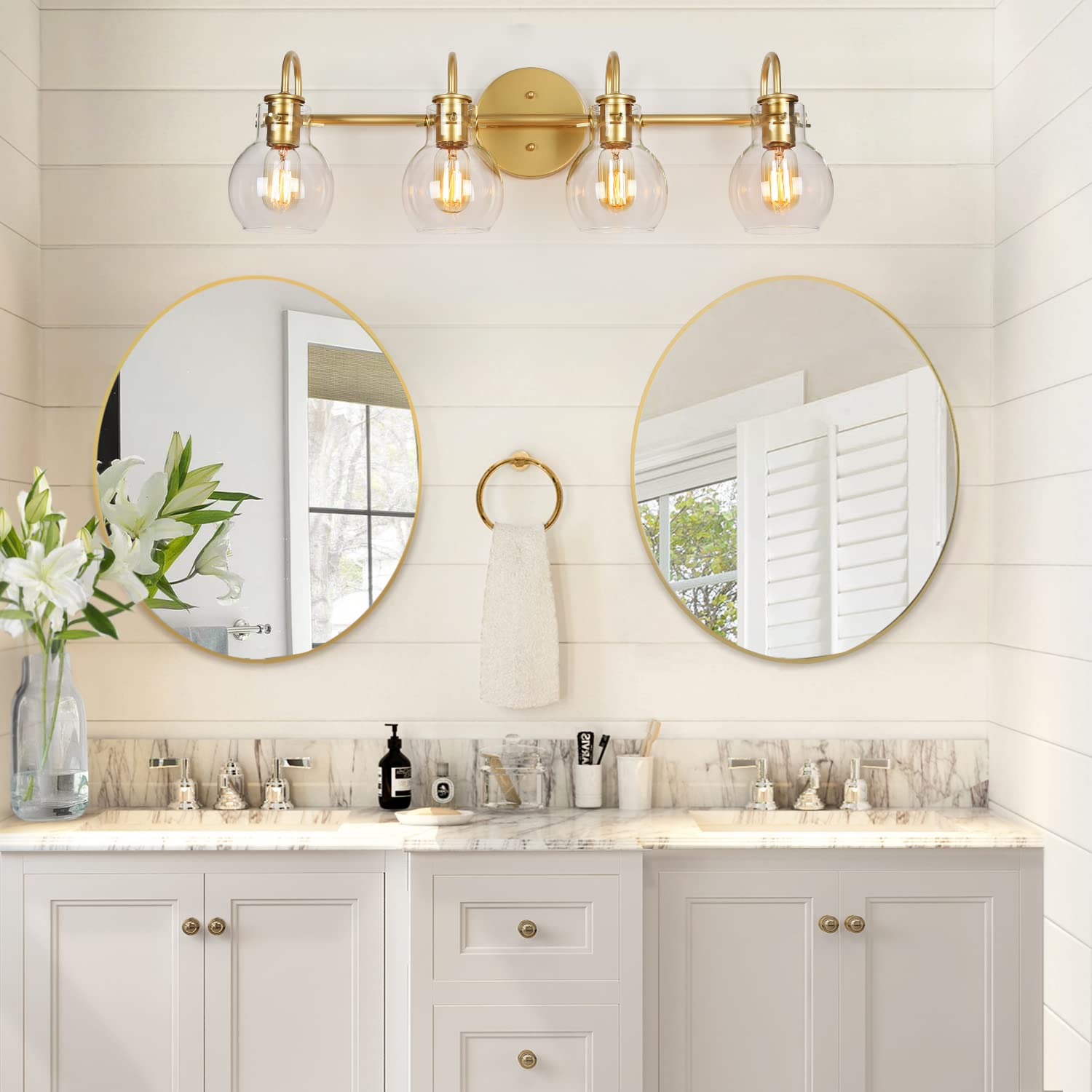 Ksana Bathroom Vanity Light, 4-Light 28.5'' Large Gold Bathroom Light Fixtures, Modern Vanity Lights For Bathroom With Globe Cle