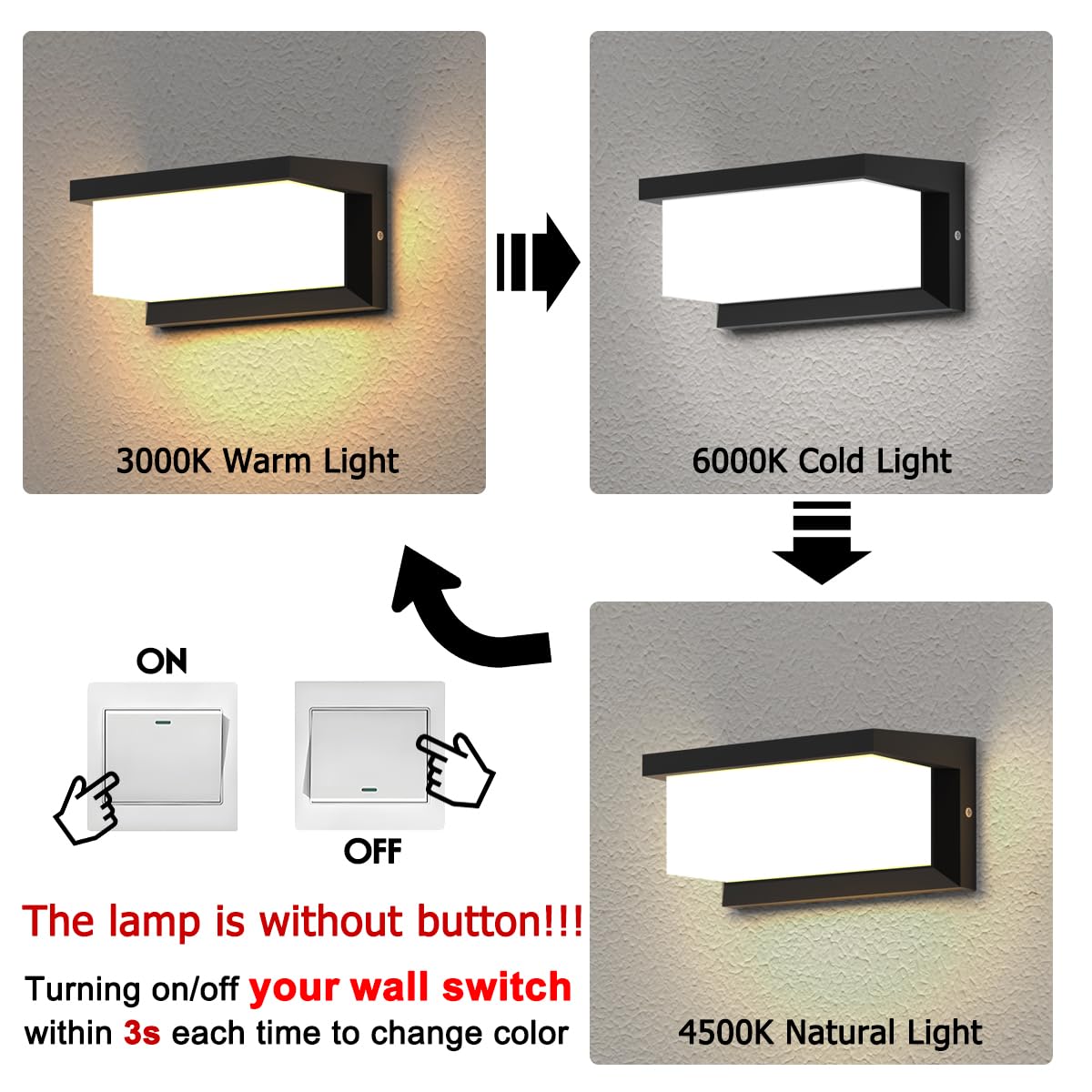 Sytmhoe Outdoor Wall Light Fixture, LED 3-Color-Changeable, Matte Black, 2-Pack, IP65 Waterproof, Model 9553-3CCT2P