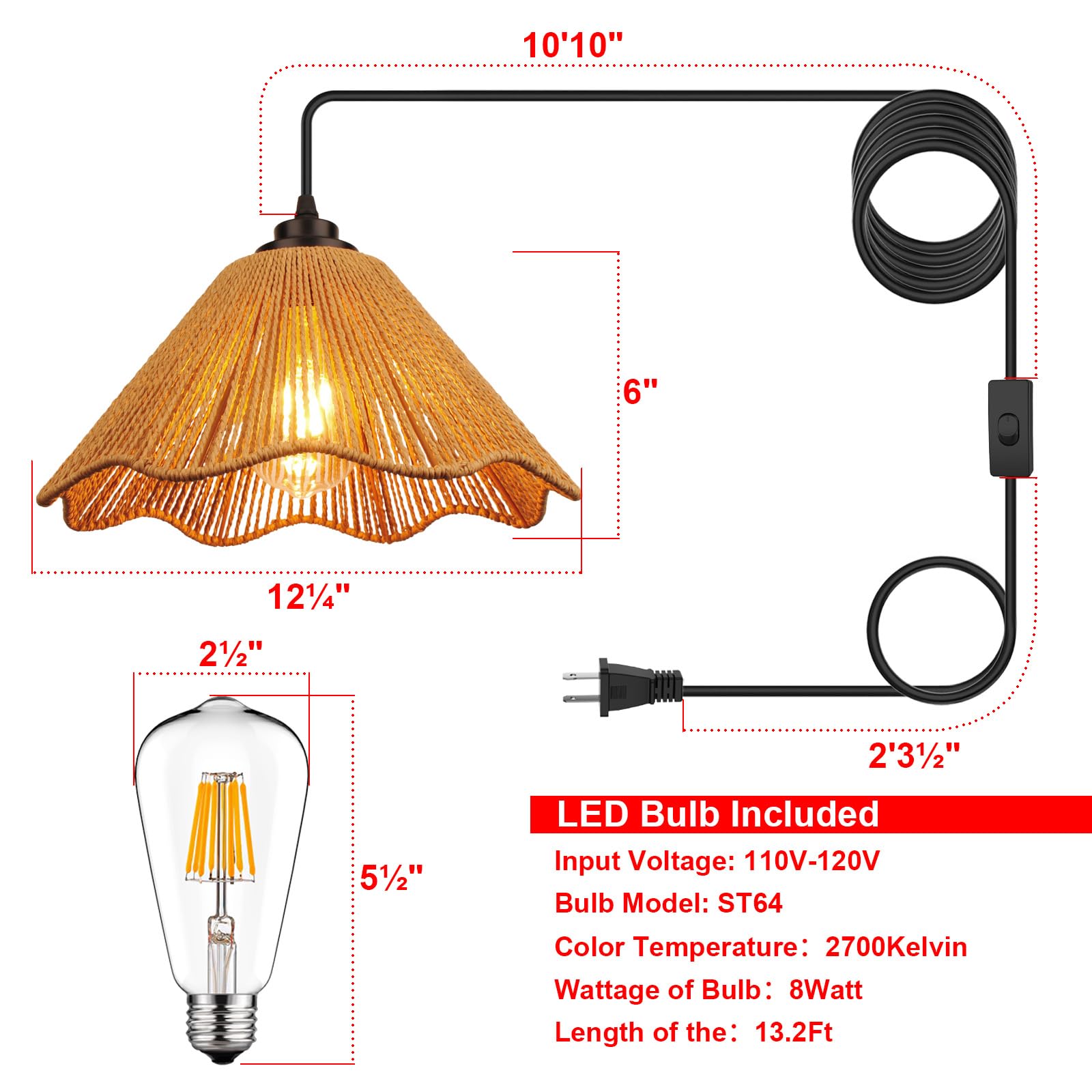 Tebio Plug In Pendant Light, Rattan Hanging Lights With Plug In Cord 13Ft Hemp Black Cord, On/Off Switch Chandelier For Boho Liv