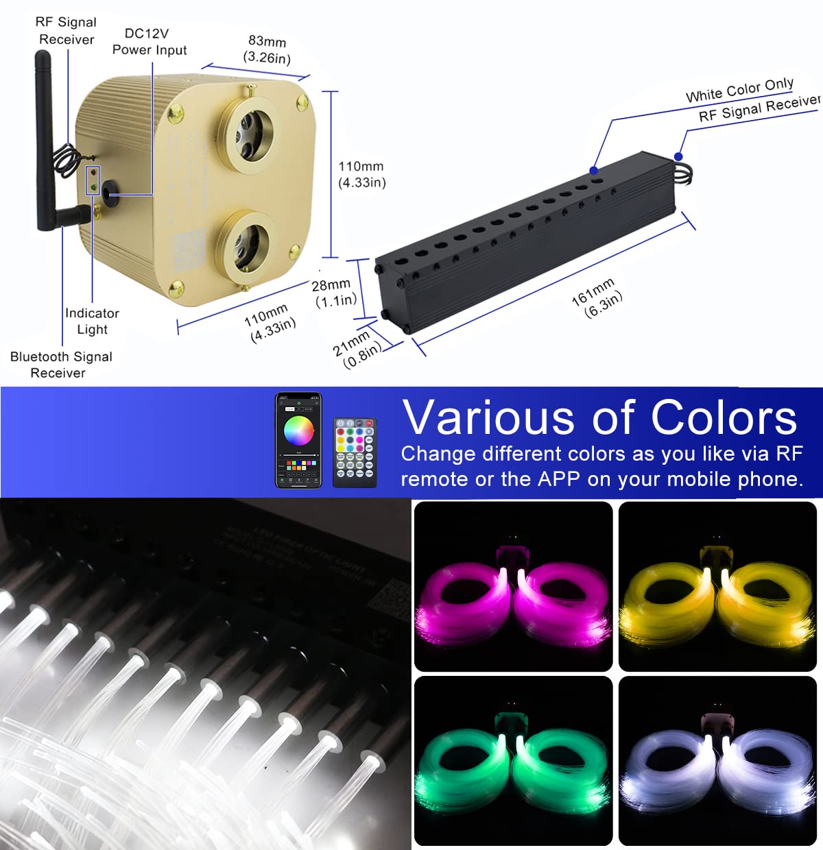 AZIMOM Bluetooth Meteor Shooting Star Ceiling Lights Kit, 20W, 1100pcs Fiber Strands, RGBW, Gold, Model QJ-L016