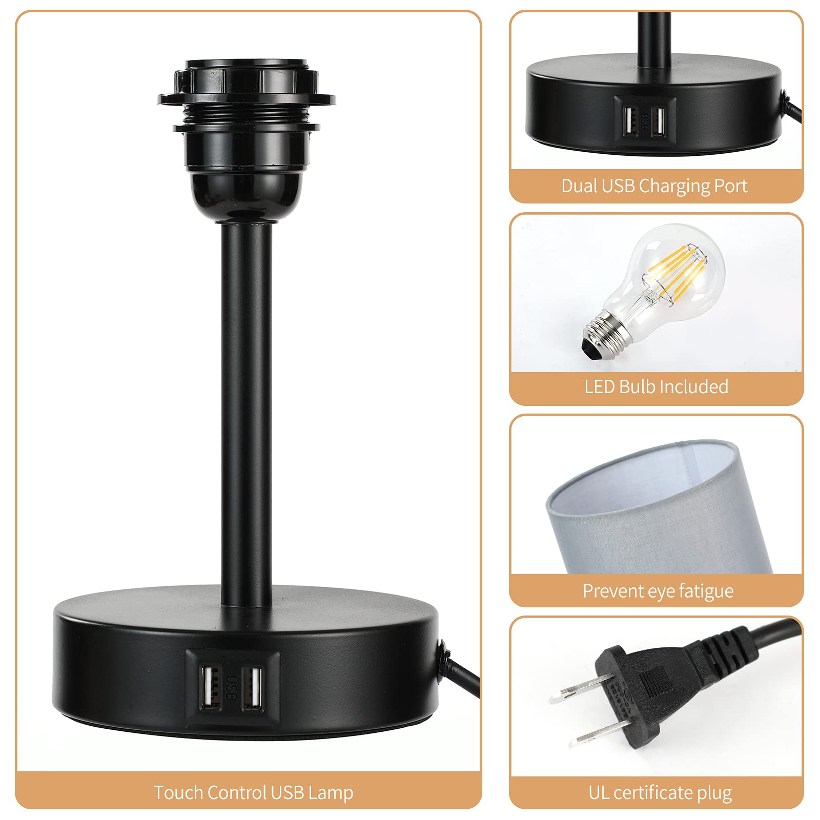 Yarra-Decor Bedside Lamp With Usb Port - Touch Control Table Lamp For Bedroom 3 Way Dimmable Nightstand Lamp With Round Grey Fabric Shade For Living Room, Dorm, Home Office (Led Bulb Included)