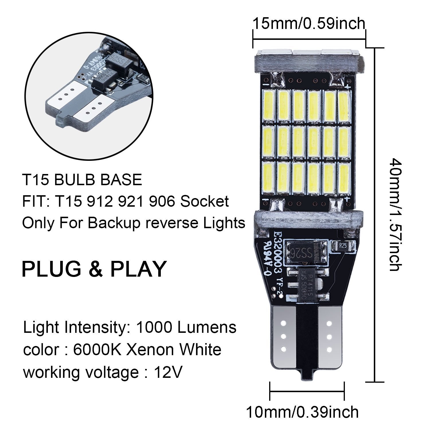 RA RAYHOO 921 912 LED Backup Light Bulbs, 1000 Lumens, Canbus Error Free, T15 906, 6000K Xenon White, 2