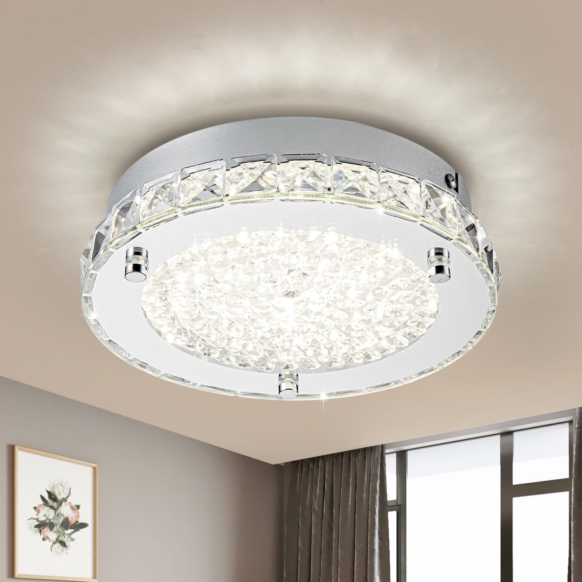 Lzawvm Crystal Ceiling Light Fixture Flush Mount Super Bright Round Ceiling Mounted Light 4000K Dimmalbe for Living Room Bathroo