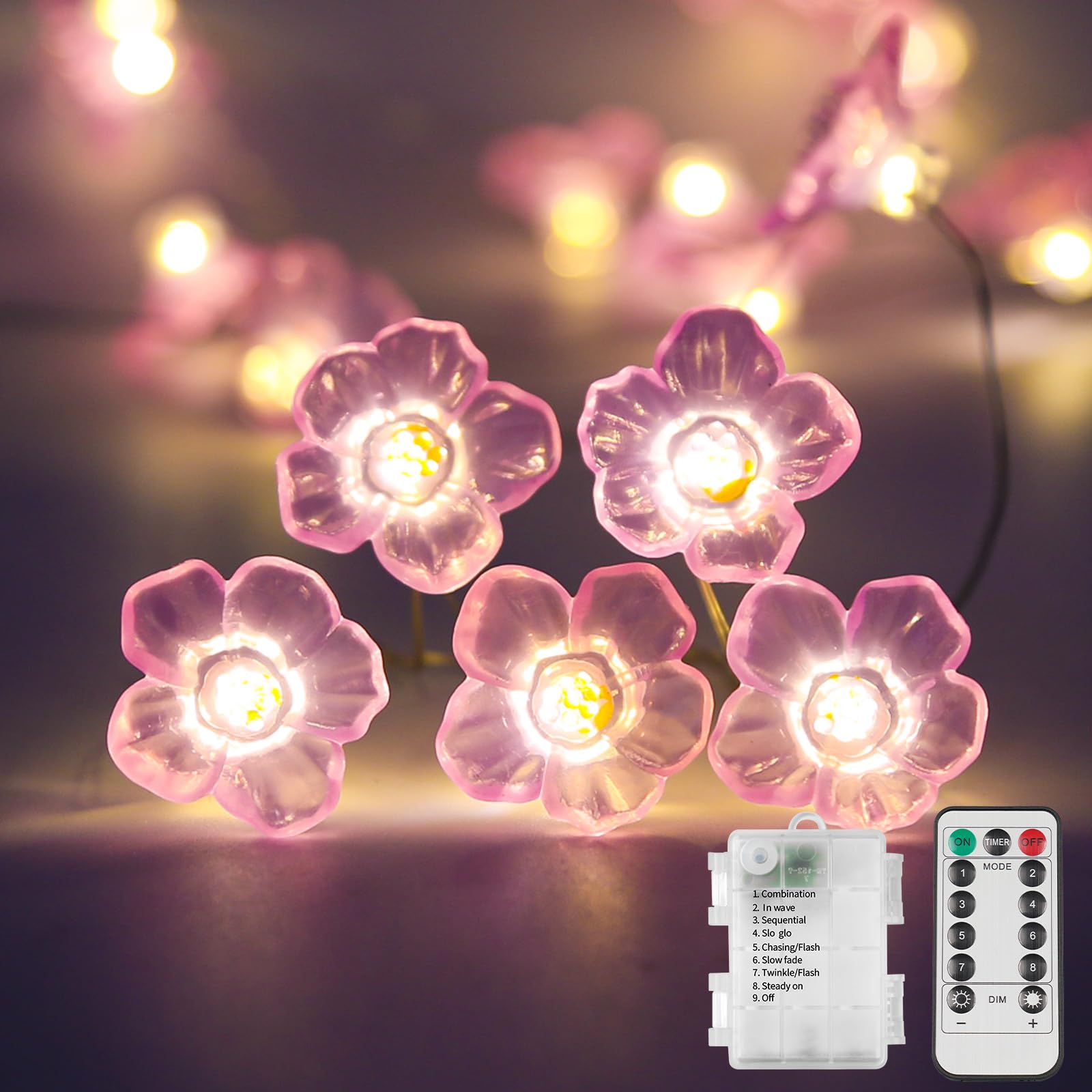 suddus Cherry Blossom Lights, 12.8 ft 40 LED Flower String Lights Battery Operated with Remote, Decorative Pink Fairy Lights for Bedroom, Holiday, Partry, Indoor