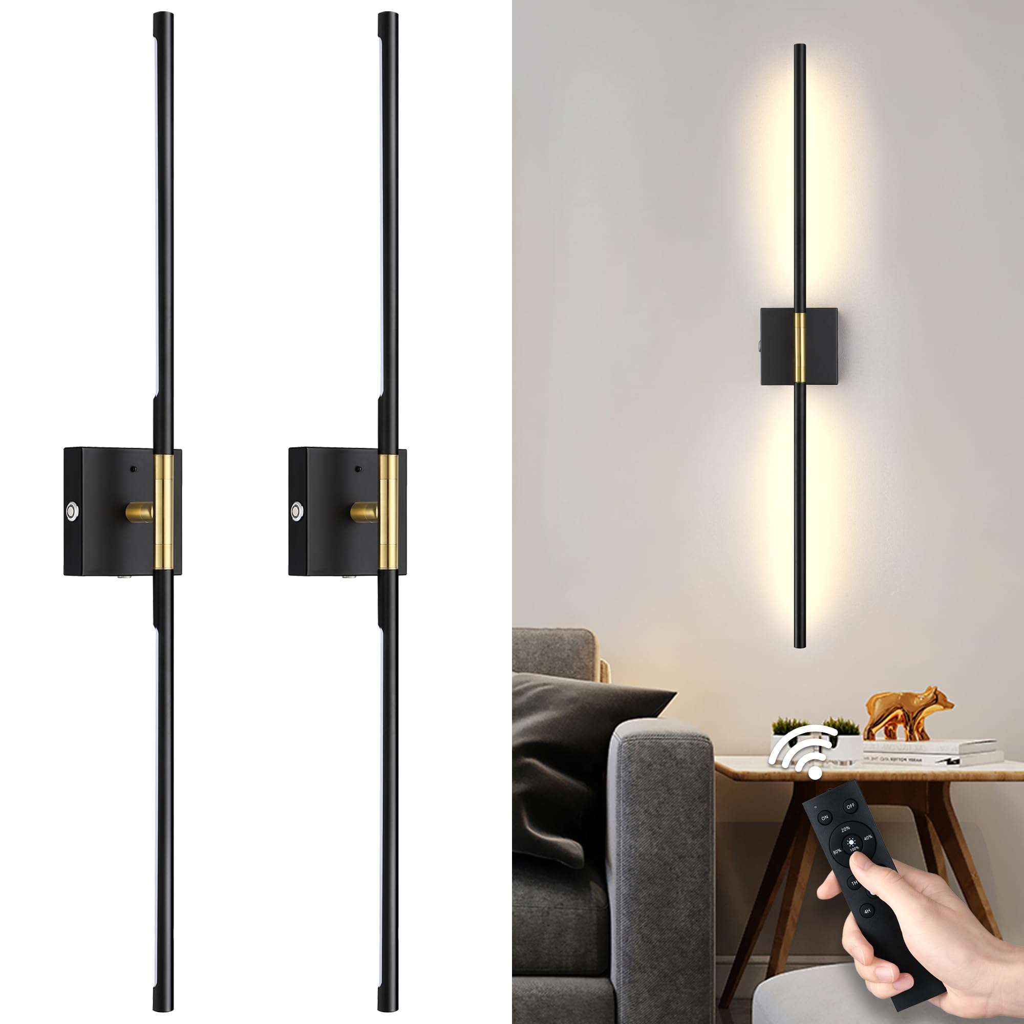 gernehop Battery Operated Wall Sconces Set of 2, Dimmable LED, Black Gold, 36 Inch, Model W6022-GDBK-2PK