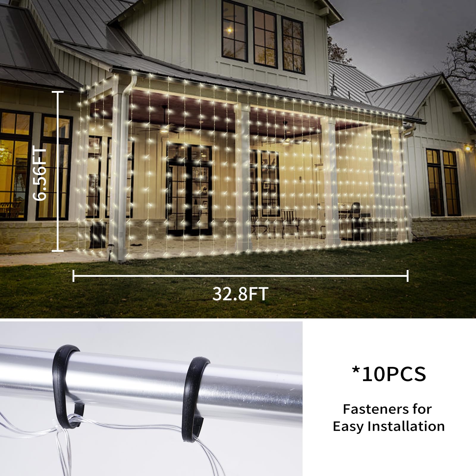 Generic Solar Curtain Lights, 32.8FT x 6.56FT, White, 8 Modes, Copper Material, Outdoor Decoration for Patio, Gazebo, Tree