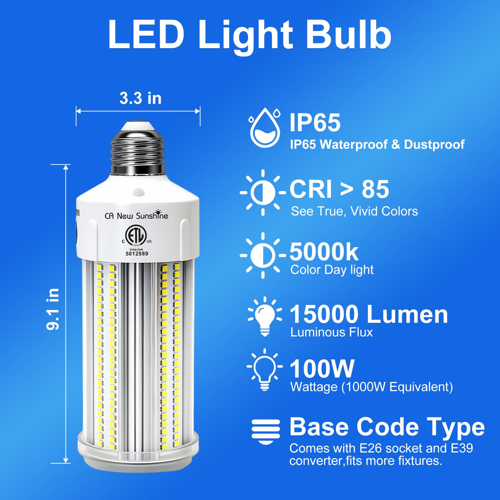 CA New Sunshine 1000W Equivalent LED Corn Light Bulb, 2-Pack, 15000LM, E26/E39 Base, Daylight White, Model CCL