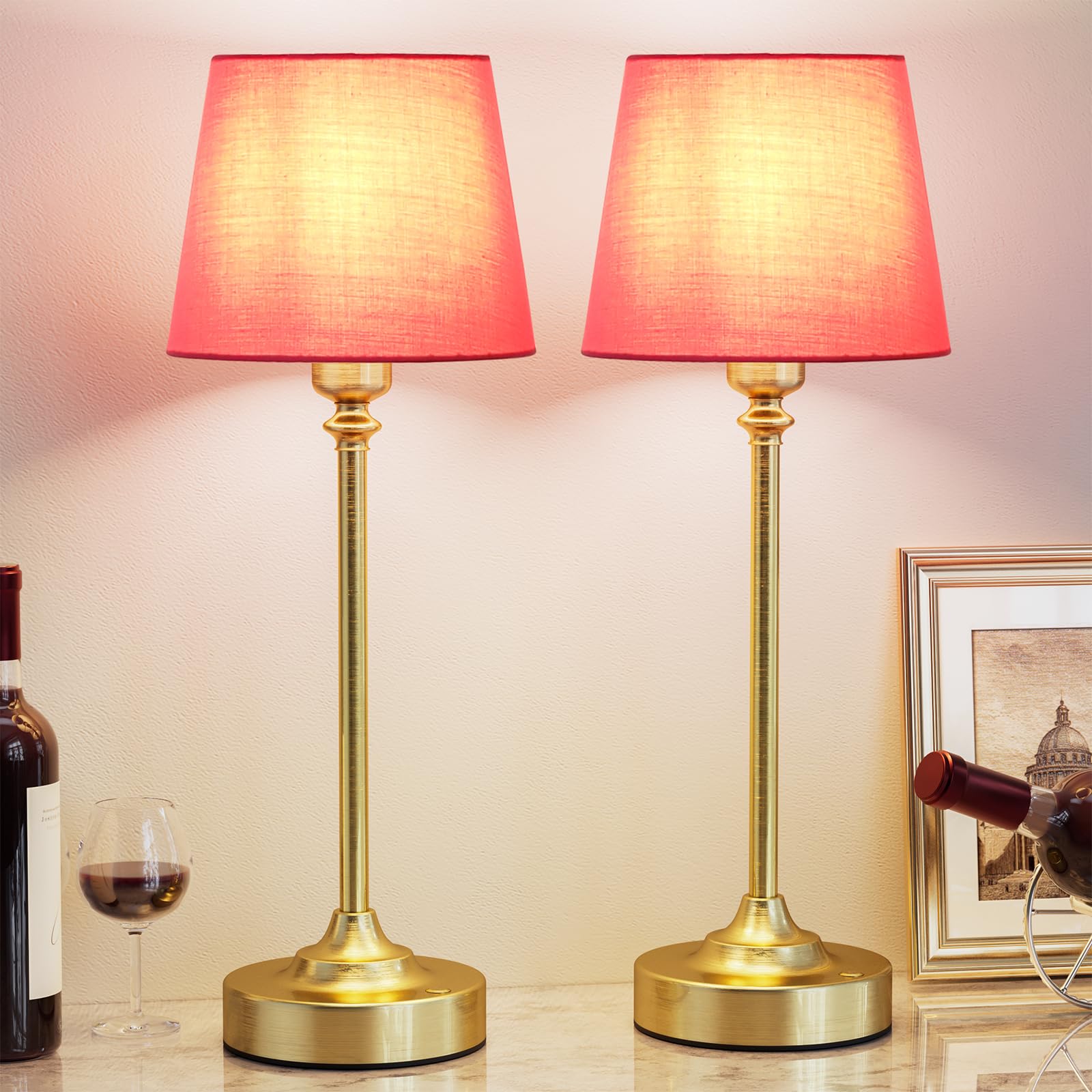 Kakanuo Cordless Table Lamps - 2 Pack Rechargeable, 3000K Dimming, Touch Control, 15.8in, Rose Gold Shade