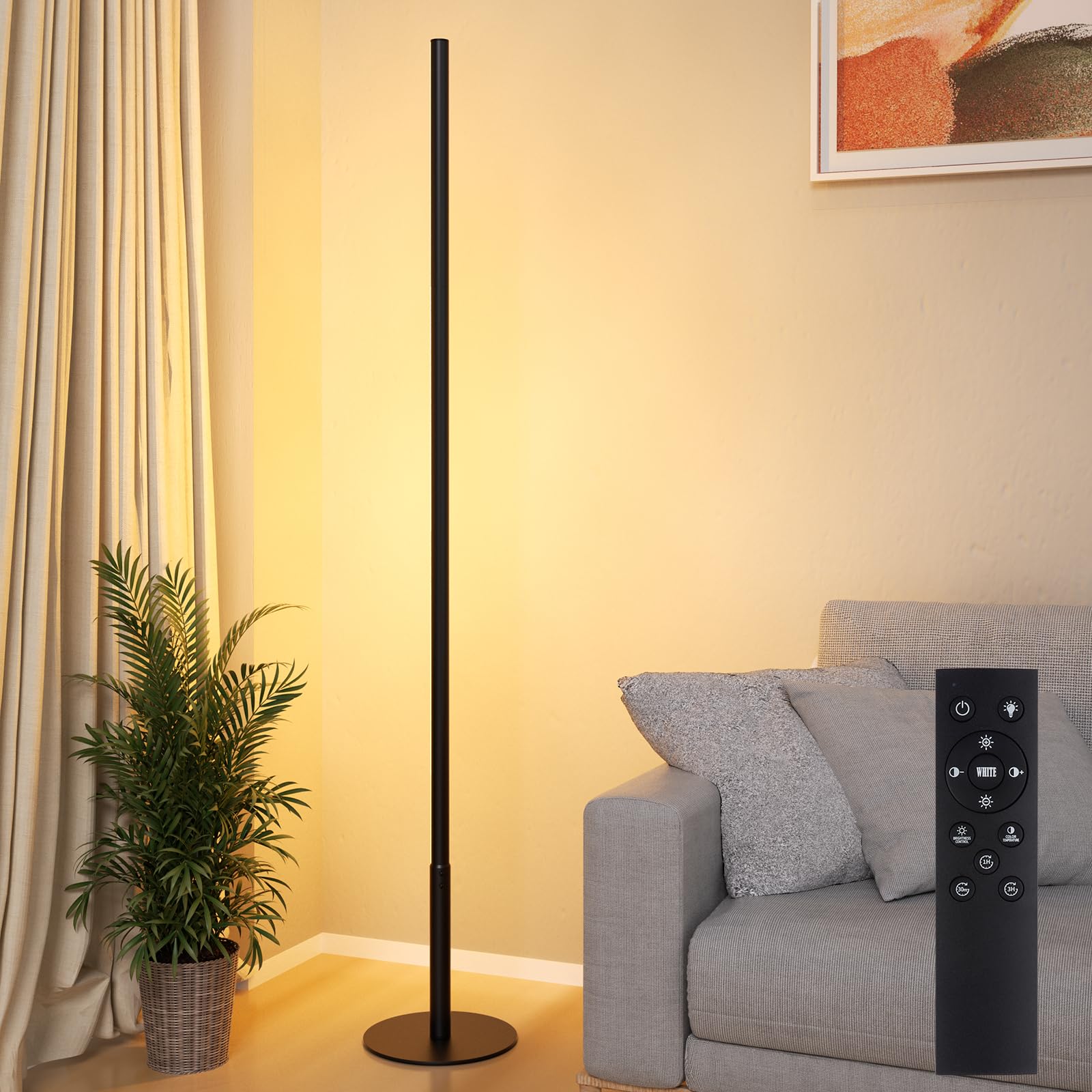 Marlrin Minimalist Corner Floor Lamp, Dimmable 2700K-6500K, 57.8in Height, Metal, Black, Model RTL111