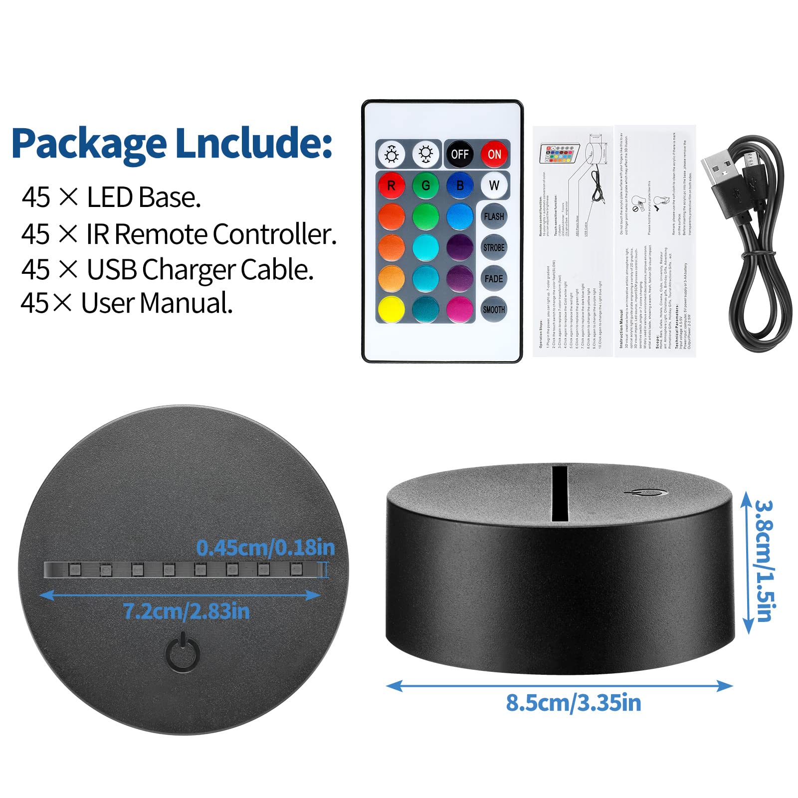 45 Pieces 3D Night LED Light Lamp Base, Light Base Holder with Remote Control and USB Cable Adjustable 16 Colors 4 Modes for Roo