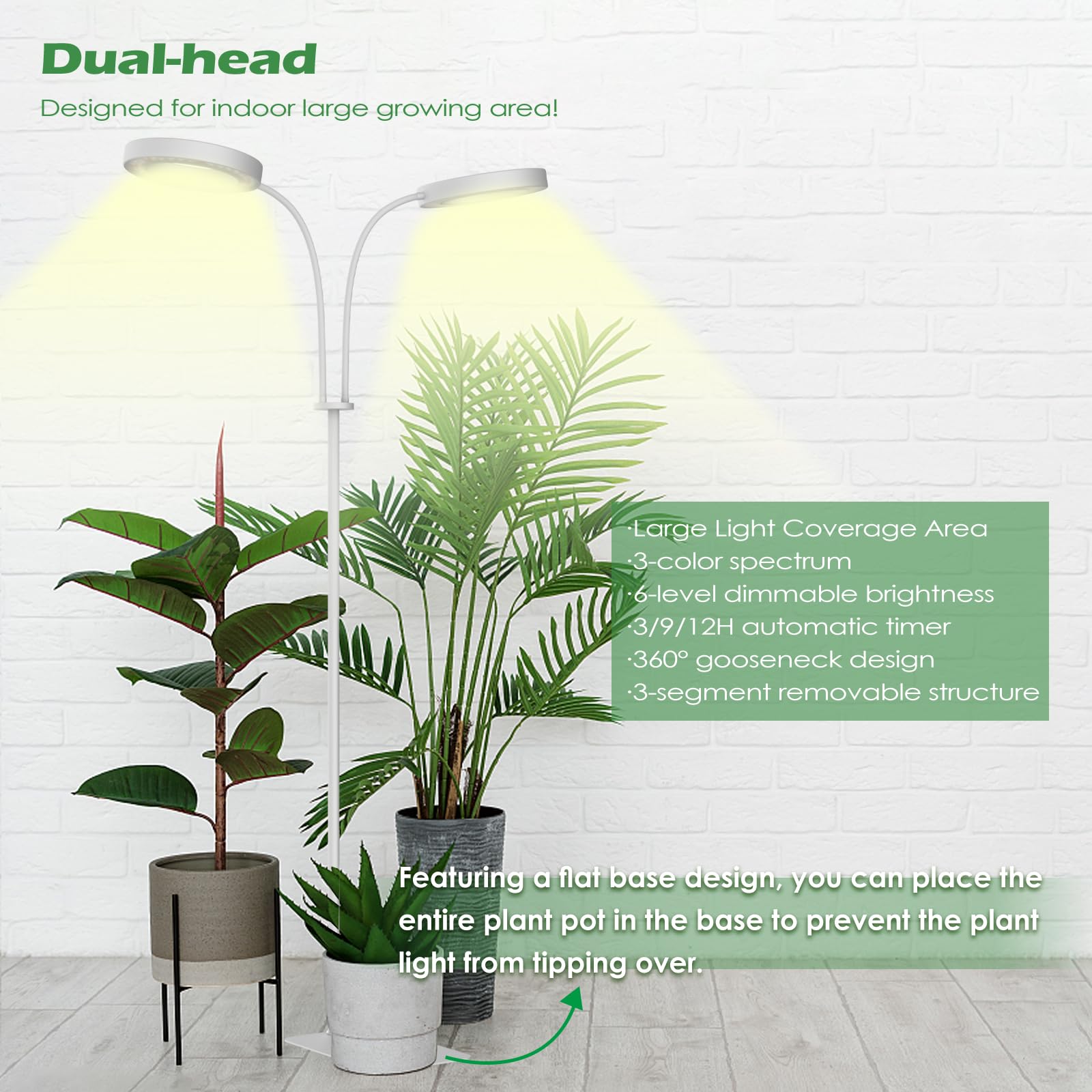 Pronoro 2-Head Led Grow Light, Full Spectrum, Adjustable Height, Timer & Dimming For Indoor Plants