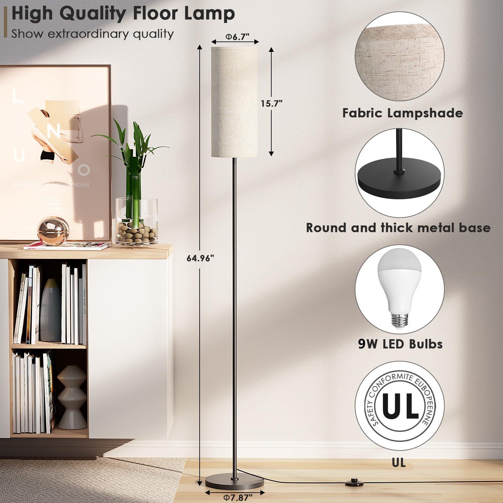 Karjoefar Floor Lamp For Living Room, Modern Standing Lamp With Remote Control, Stepless Dimmable 9W Bulb & Beige Lampshade Incl