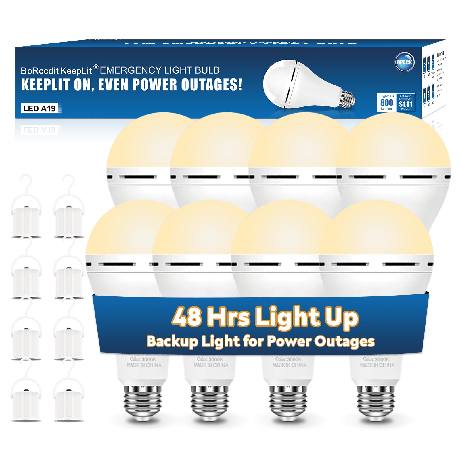 Borccdit Keeplit 8 Pack Emergency Rechargeable Light Bulbs, 48H Long Lasting & 3 Brightness Power Outage Lights,12W 3000K Batter