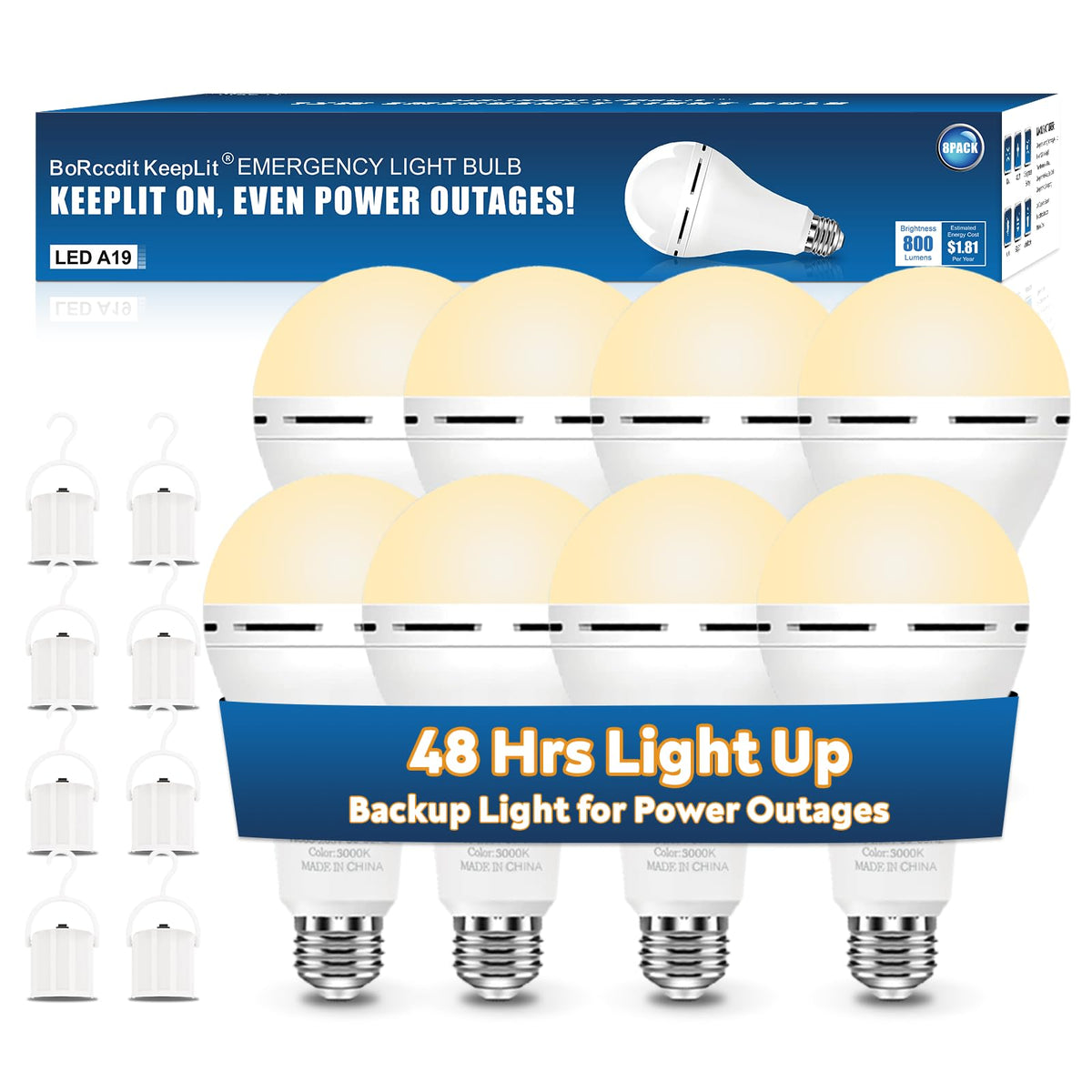 Borccdit Keeplit 8 Pack Emergency Rechargeable Light Bulbs, 48H Long Lasting & 3 Brightness Power Outage Lights,12W 3000K Batter