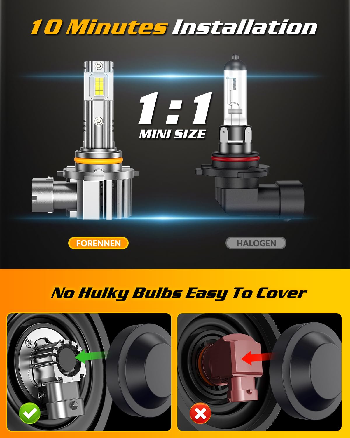 forenner H11 9005 Light Bulb Combo, 60000LM, Easy Installation, IP68 Waterproof, Pack of 4, H11/H9+9005/HB3,
